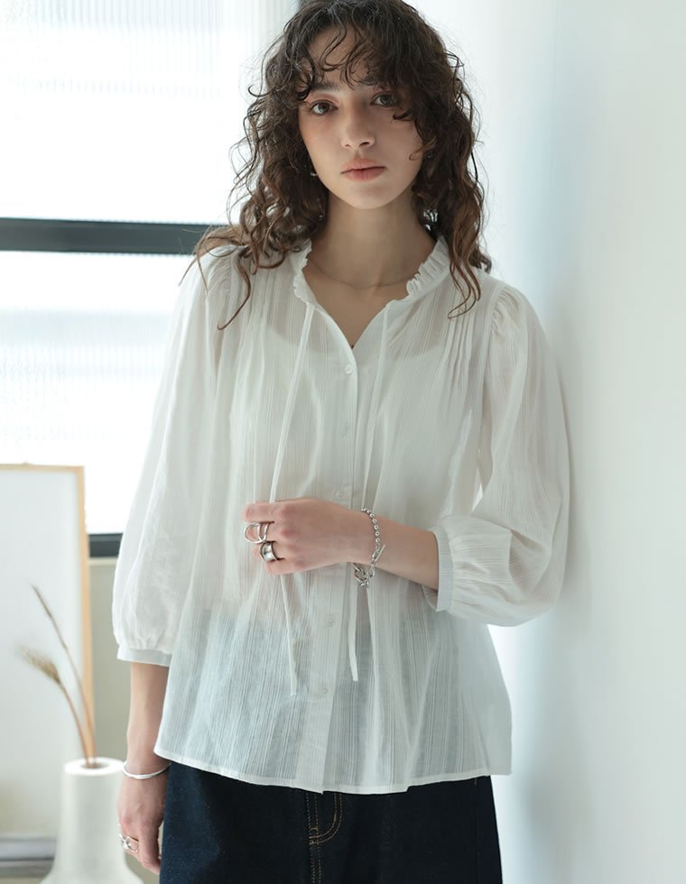 【SALE／35%OFF】Re:EDIT コットンシアーストライプブラウス リエディ トップス シャツ・ブラウス ホワイト イエロー ブラック stylife-15087931 Rakuten Fashion サンプル画像2