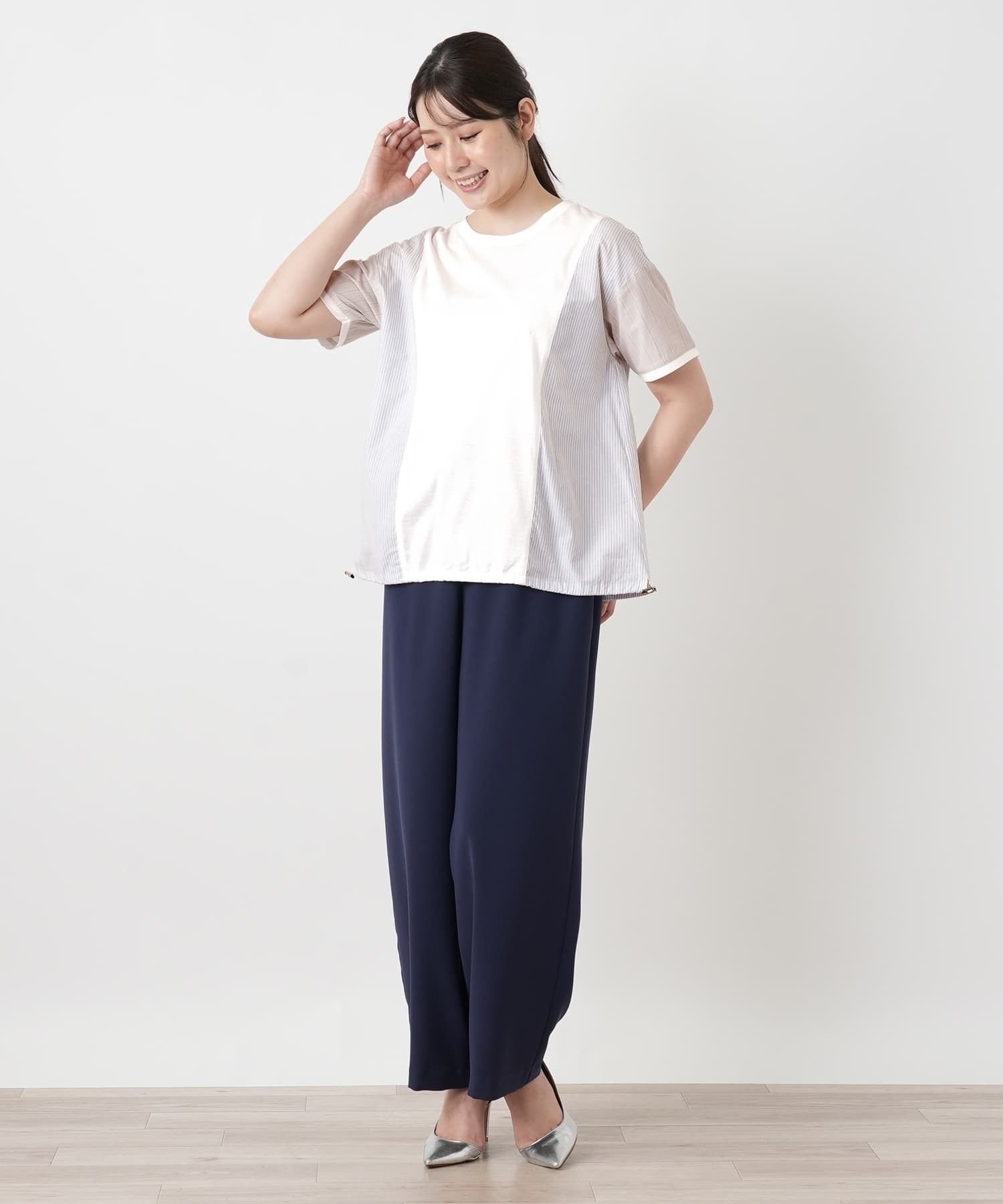 Leilian ストライプ切替ブラウス【Leilian WHITE LABEL】 レリアン トップス カットソー・Tシャツ ブルー ベージュ