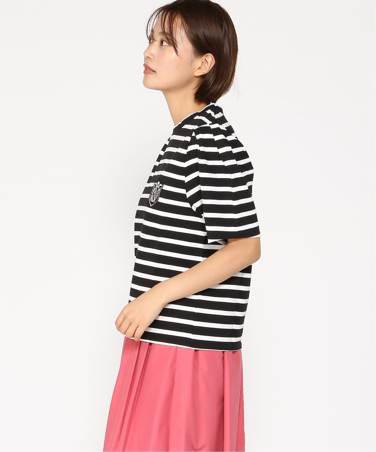 nina mew ボーダーワッペントップス ニーナミュウ トップス カットソー・Tシャツ ブラック ブラウン