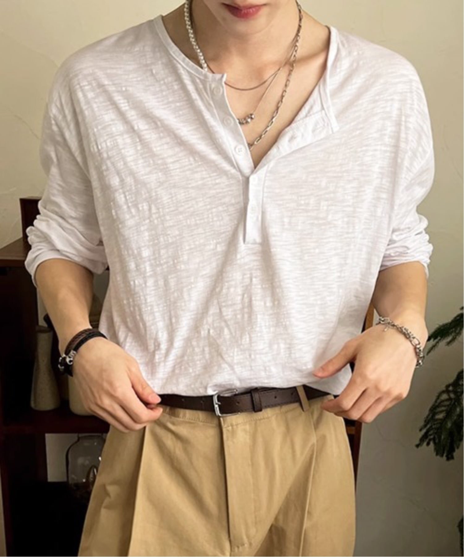 NOWLE NOWLE/(M)【NOWLE】コットン スラブ リラックス ヘンリーネック Tシャツ チェルカ トップス カットソー・Tシャツ ホワイト ブラウン