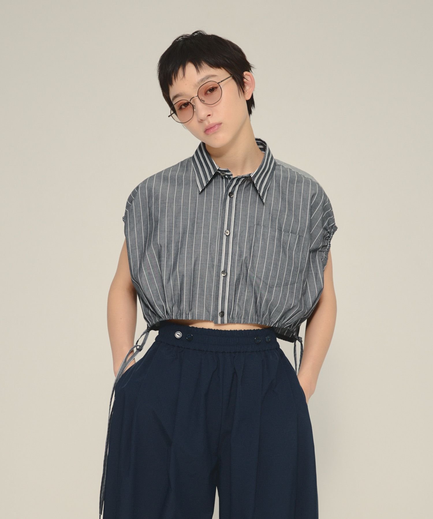 eL Patch Work Stripe Shirts ジーナシス トップス シャツ・ブラウス ブルー ブラック