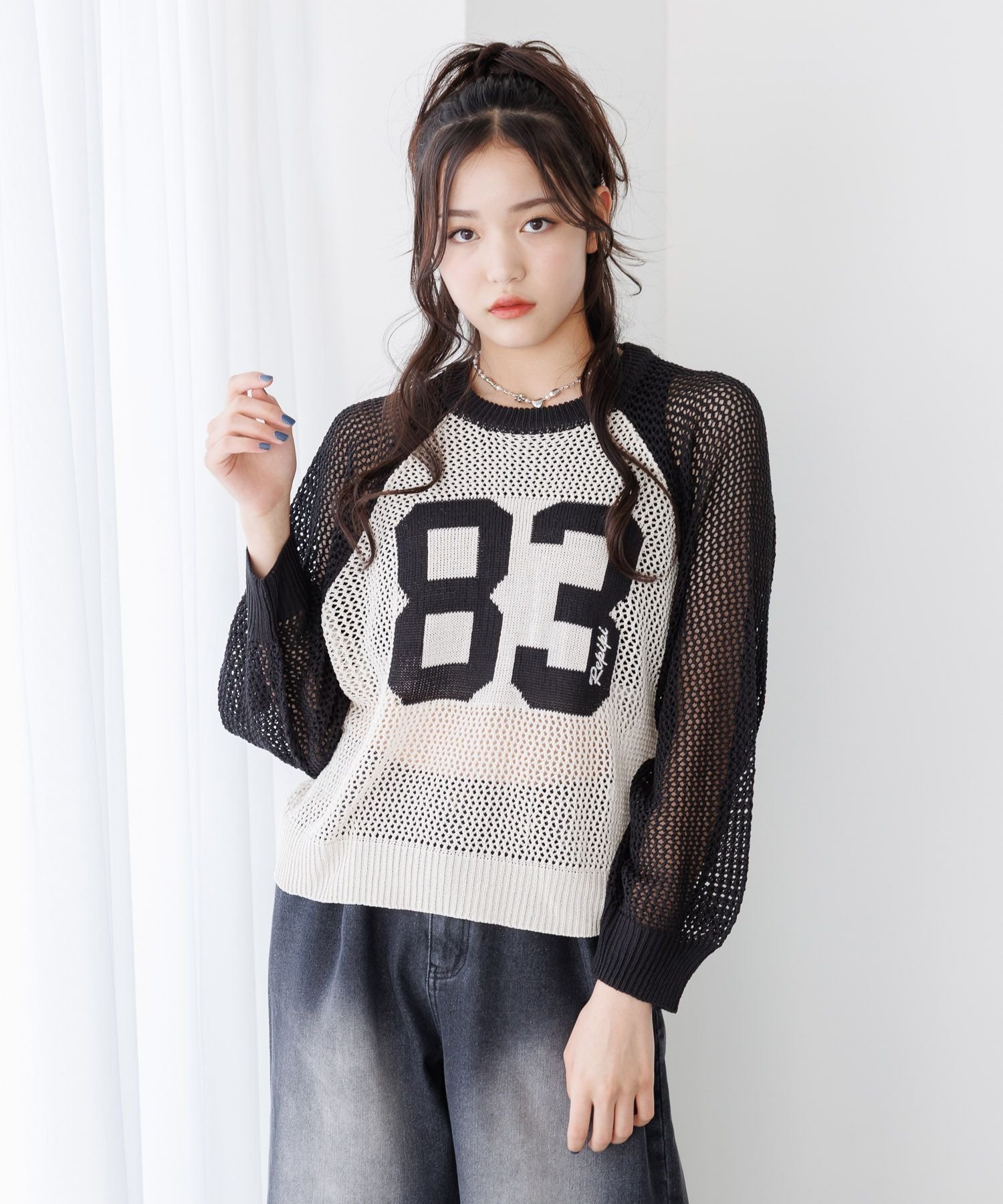 repipi armario 【洗えるニット】メッシュナンバリングニット レピピアルマリオ トップス ニット ブルー グリーン【送料無料】