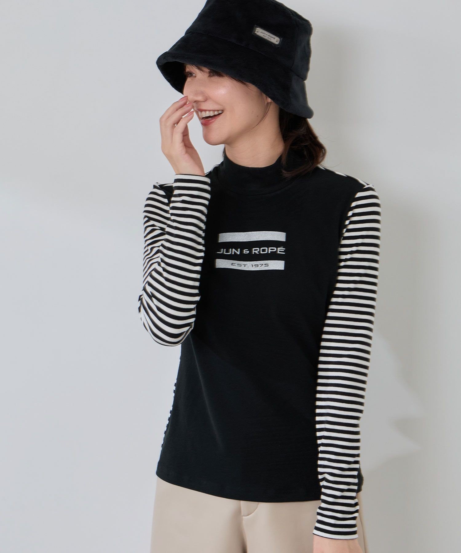 JUN&ROPE' ボーダーミックス長袖モックプルオーバー/吸湿発熱・保温 ジュンアンドロペ トップス カットソー・Tシャツ ブラック ホワイト