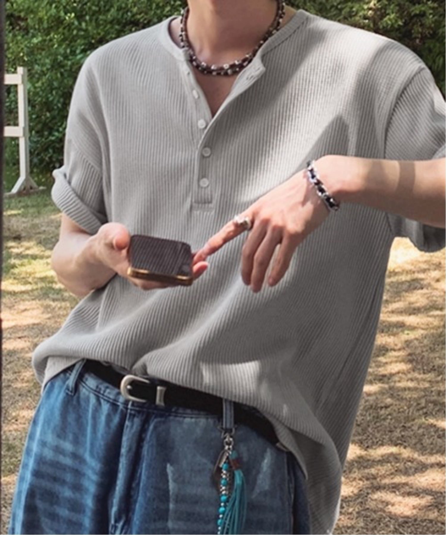 NOWLE NOWLE/(M)【NOWLE】リラックス ワッフル ヘンリーネック 半袖 Tシャツ チェルカ トップス カットソー・Tシャツ グレー ホワイト