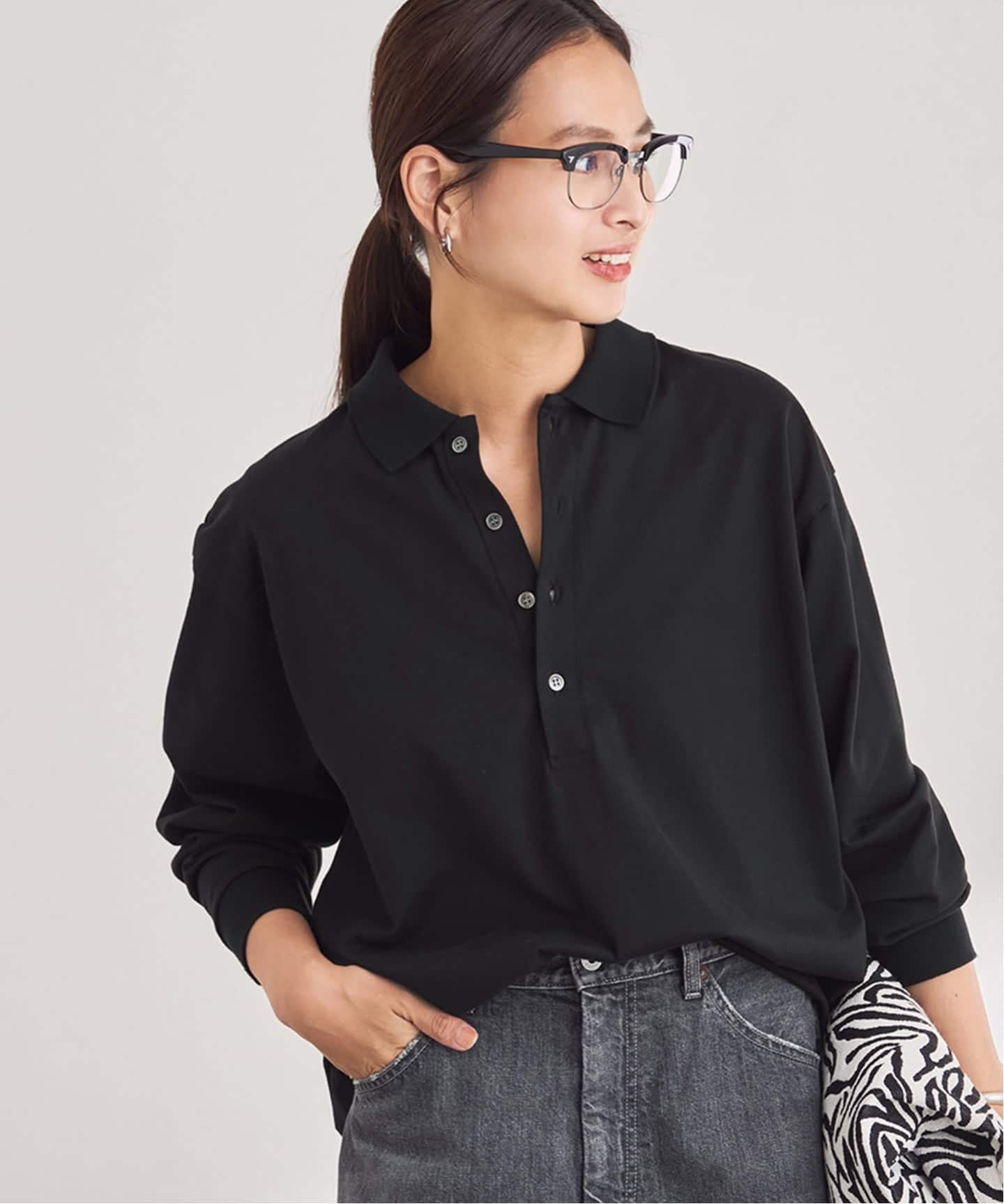 FRAMeWORK ロングスリーブポロシャツ フレームワーク トップス カットソー・Tシャツ ブラック ホワイト..