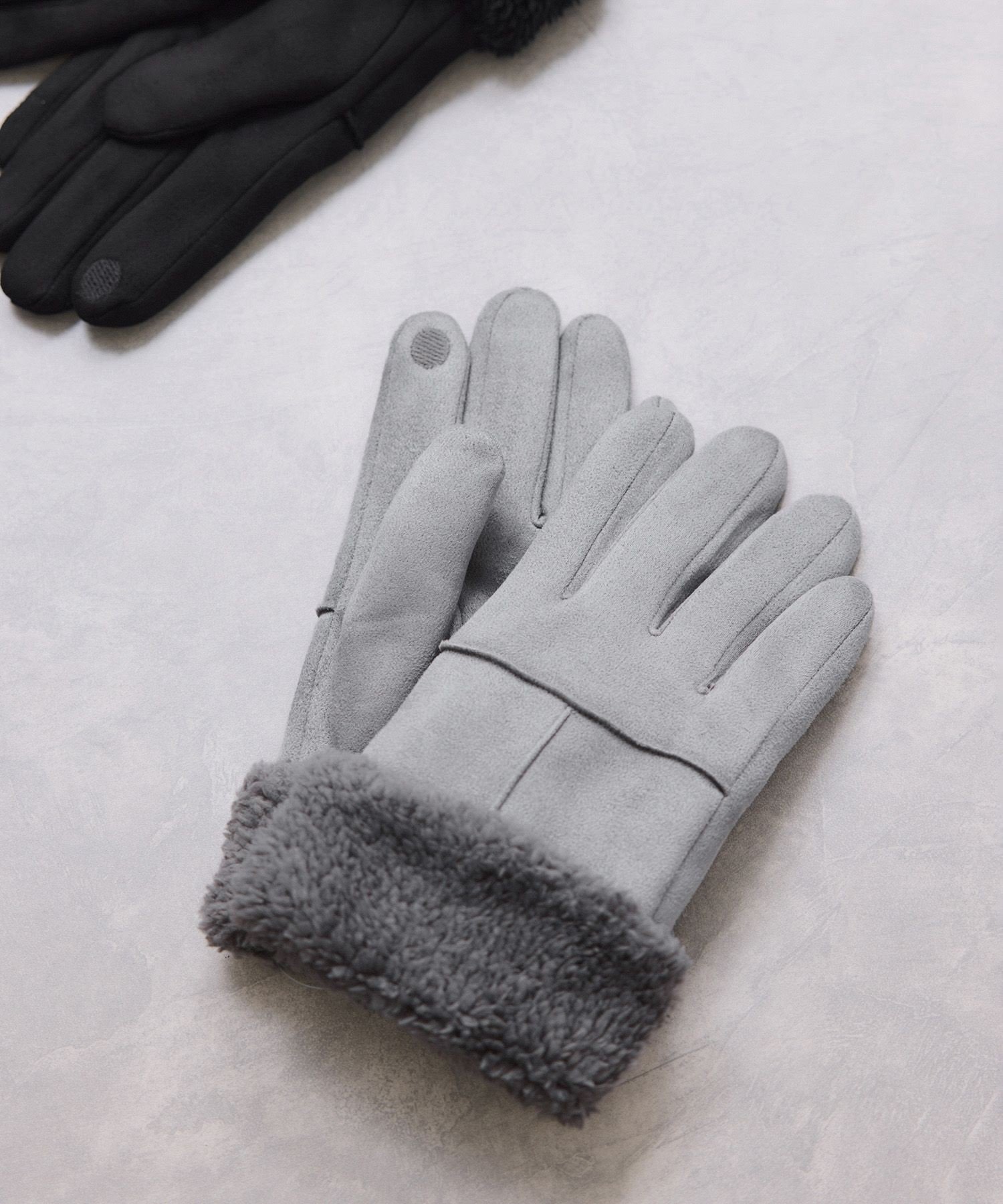 VIS スマホタッチ刺繍付きムートングローブ ビス ファッション雑貨 手袋 ベージュ ブラック グレー