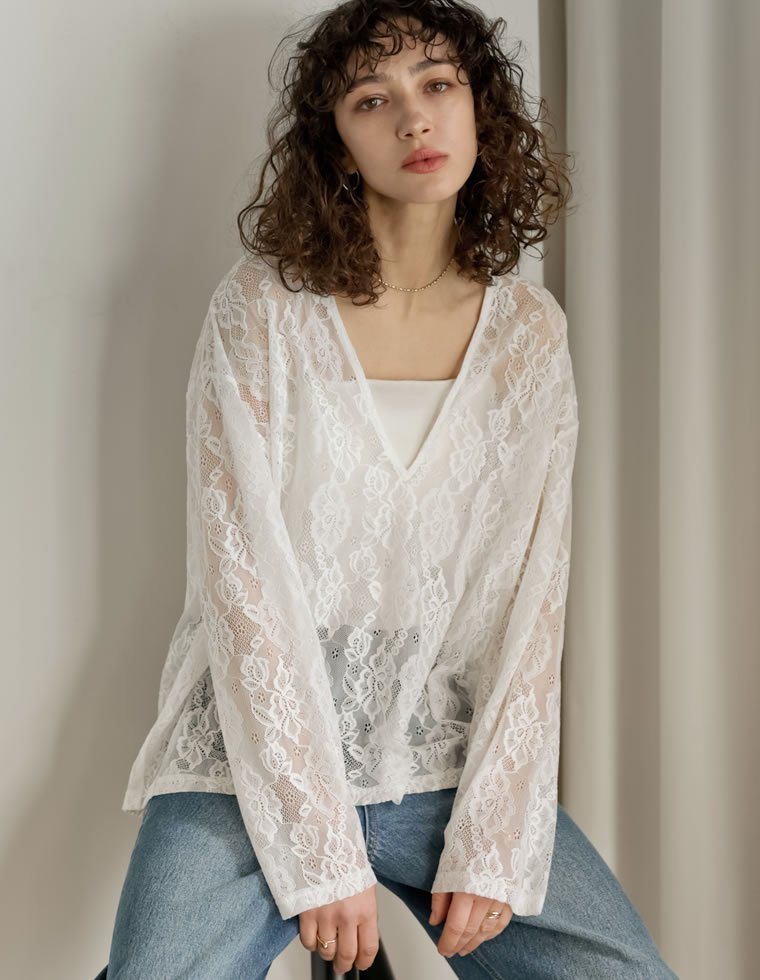 Re:EDIT レースシアーVネックチュニック リエディ トップス カットソー・Tシャツ ホワイト ブラック