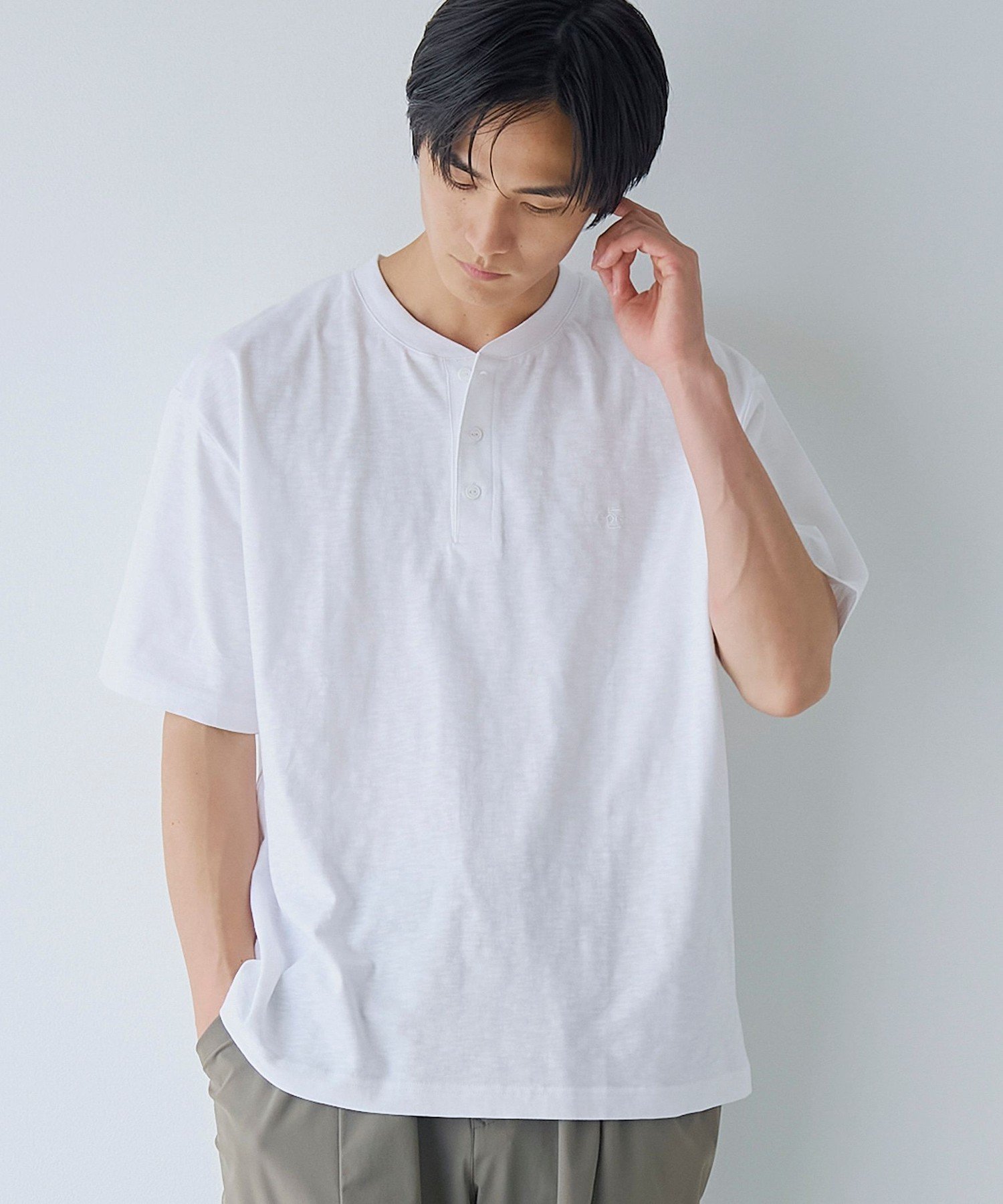 スラブ天竺ヘンリーネック半袖Tシャツ コーエン トップス カットソー・Tシャツ ホワイト ネイビー