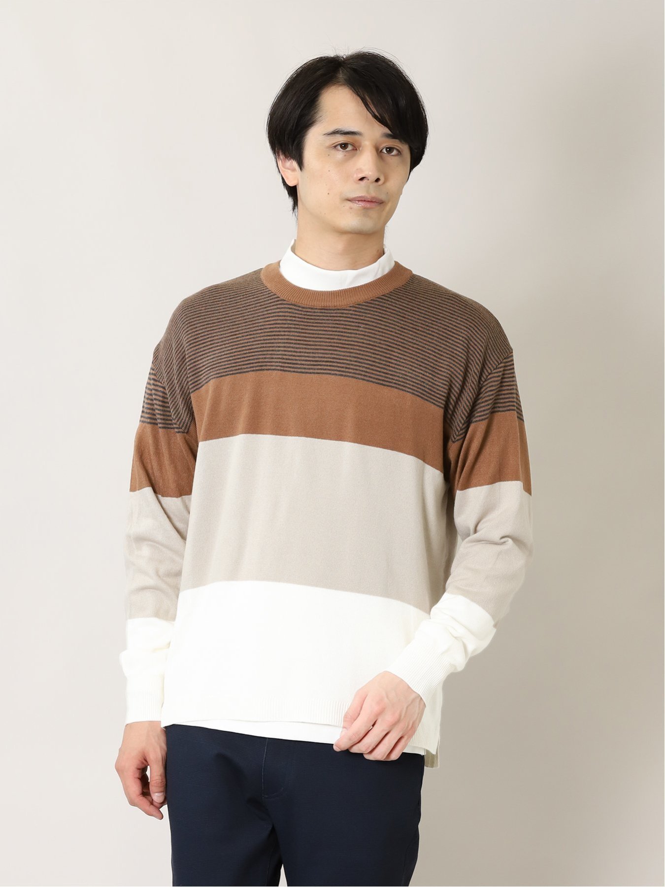 【SALE／40%OFF】TAKA-Q カシミアタッチ 切替クルーニット&長袖Tシャツ アンサンブル タカキュー トップス アンサンブル ブラウン グリーン