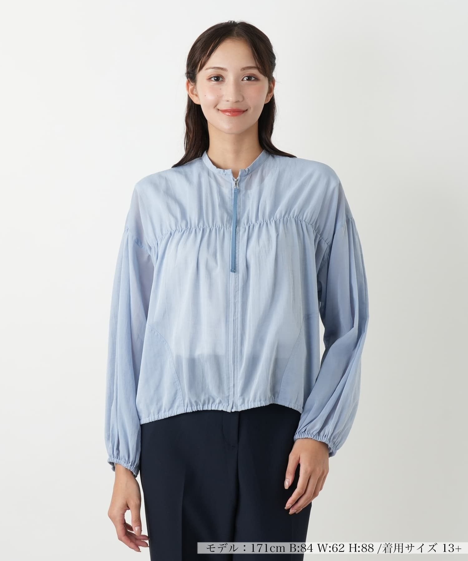 Leilian PLUS HOUSE ギャザージップジャケット【NEMIKA】 レリアン プラスハウス ジャケット・アウター ブルゾン・ジャンパー カーキグリーン ネイビー ブルー ブラウン