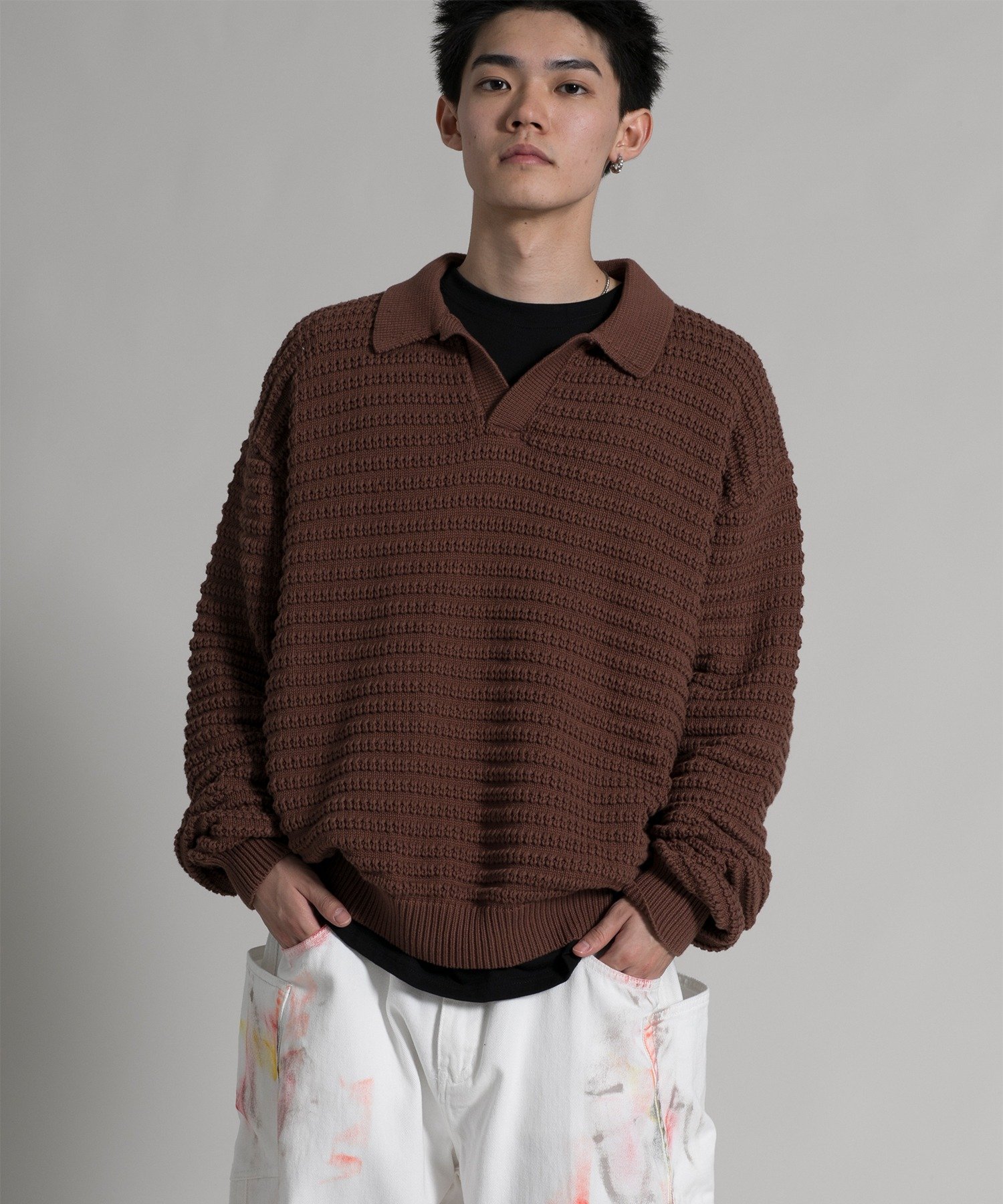 【aimoha neo】Ribbed Classic Pullover アイモハ トップス ニット ブラウン グレー