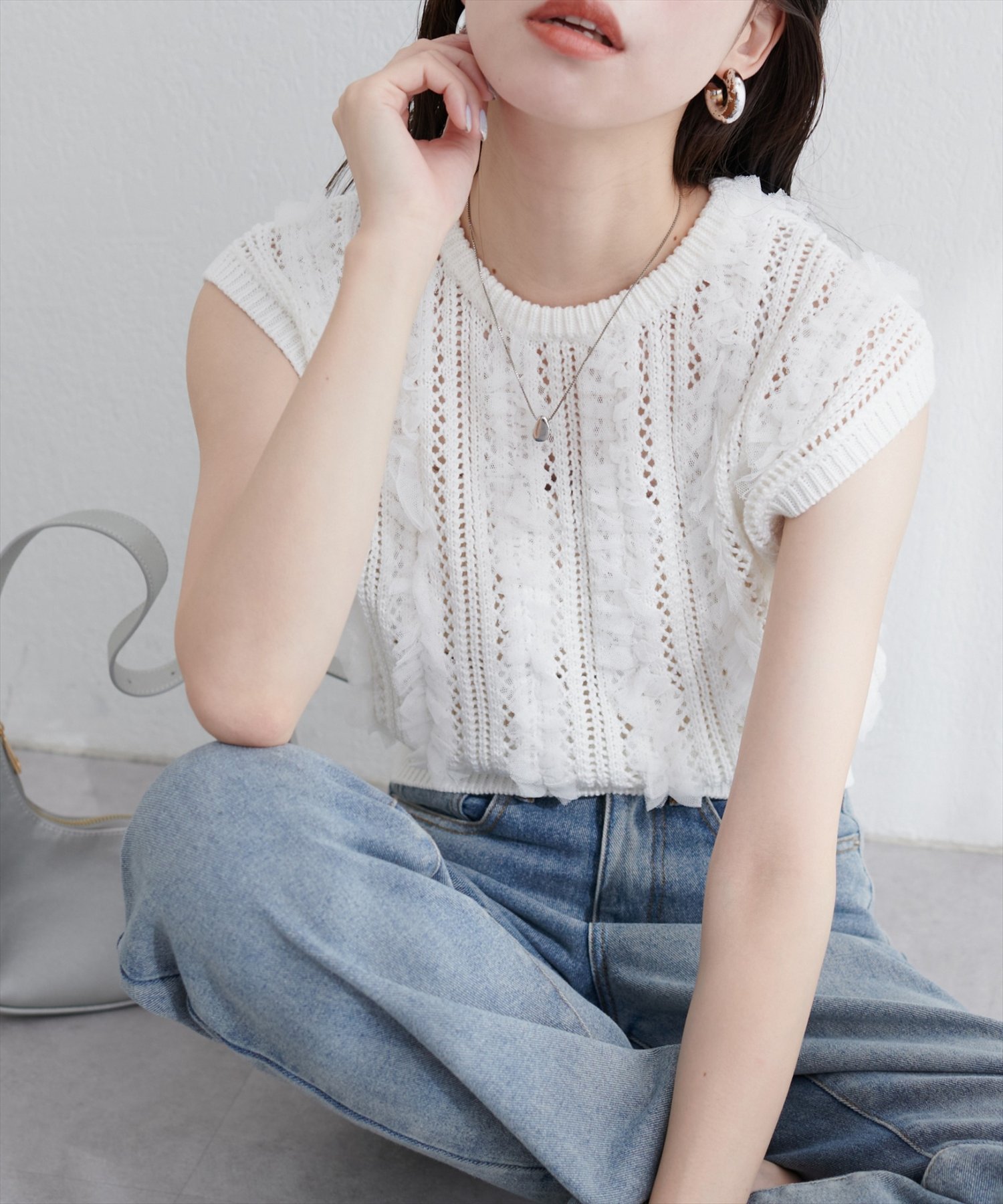 natural couture 透かし柄×チュールノースリニット ナチュラルクチュール トップス その他のトップス ブラウン ブラック ホワイト【送料無料】のサムネイル