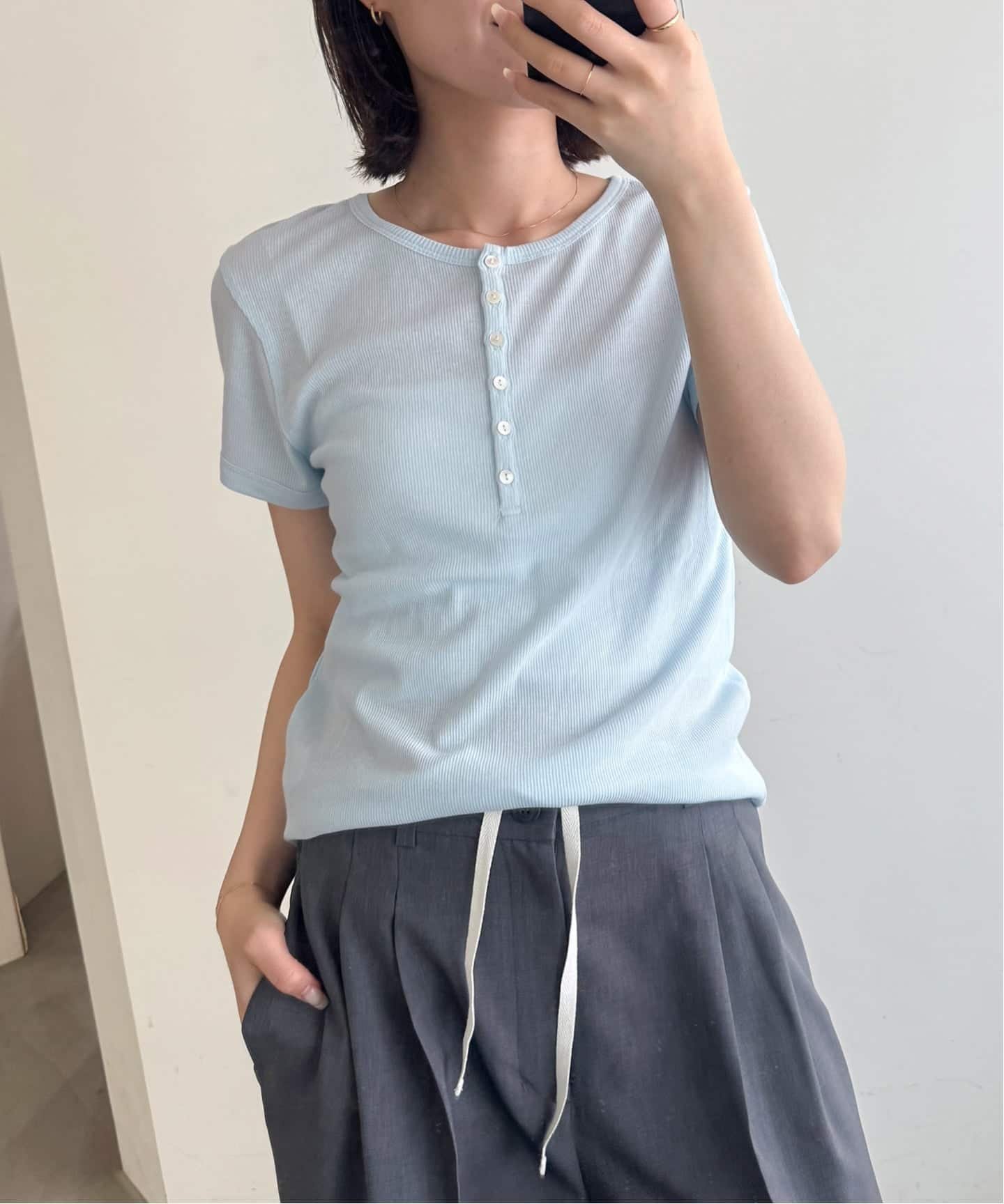 SLOBE IENA クレープリブ ヘンリーネック5分袖 TEE スローブ イエナ トップス カットソー・Tシャツ オレンジ ブルー