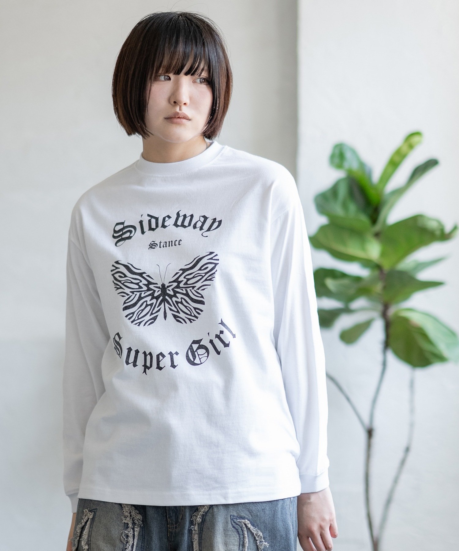 SIDEWAY STANCE SIDEWAY STANCE サイドウェイスタンス グリッタープリント バタフライ 長袖Tシャツ インプローブス トップス カットソー・Tシャツ ブラック ホワイト