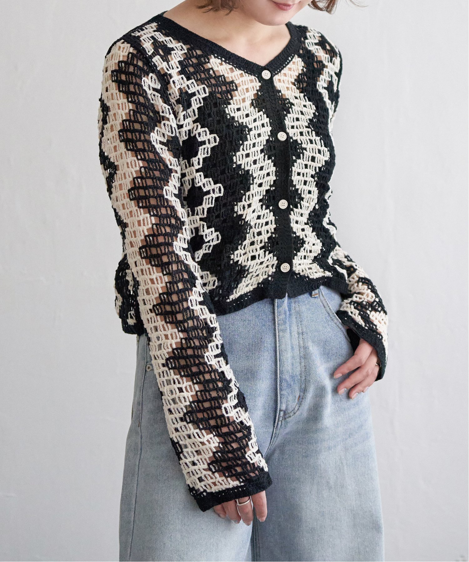 【SALE／30%OFF】notch. クロシェVネックカーディガン ノッチ トップス カーディガン ブラック