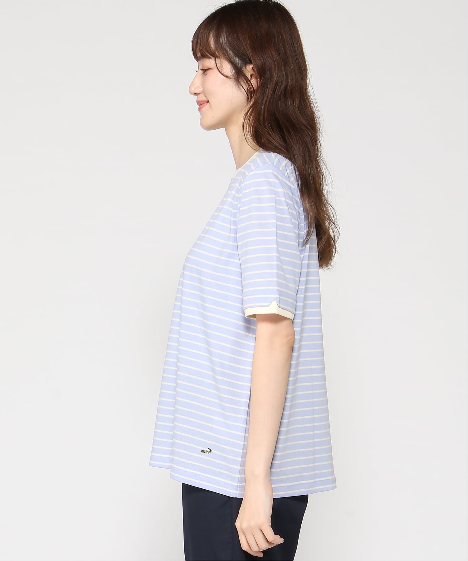 (W)スノーコットン 鹿の子ボーダーTシャツ クロコダイル トップス カットソー・Tシャツ ベージュ ブルー