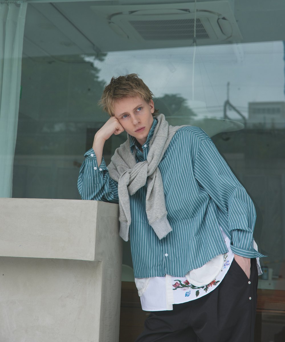 rehacer rehacer/(M)Garden Stripe Shirt Jacket レアセル トップス シャツ・ブラウス ブルー グリーン
