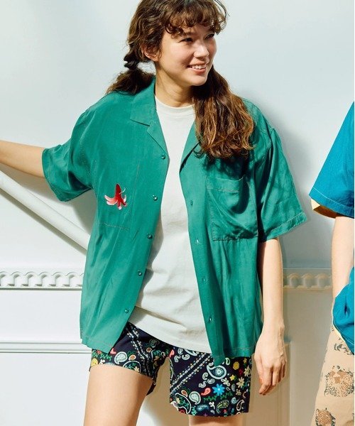 T/Rワンポイント刺繍半袖O/Pシャツ (MENS/WOMENS) ゴースローキャラバン トップス シャツ・ブラウス ネイビー グリーン グレー