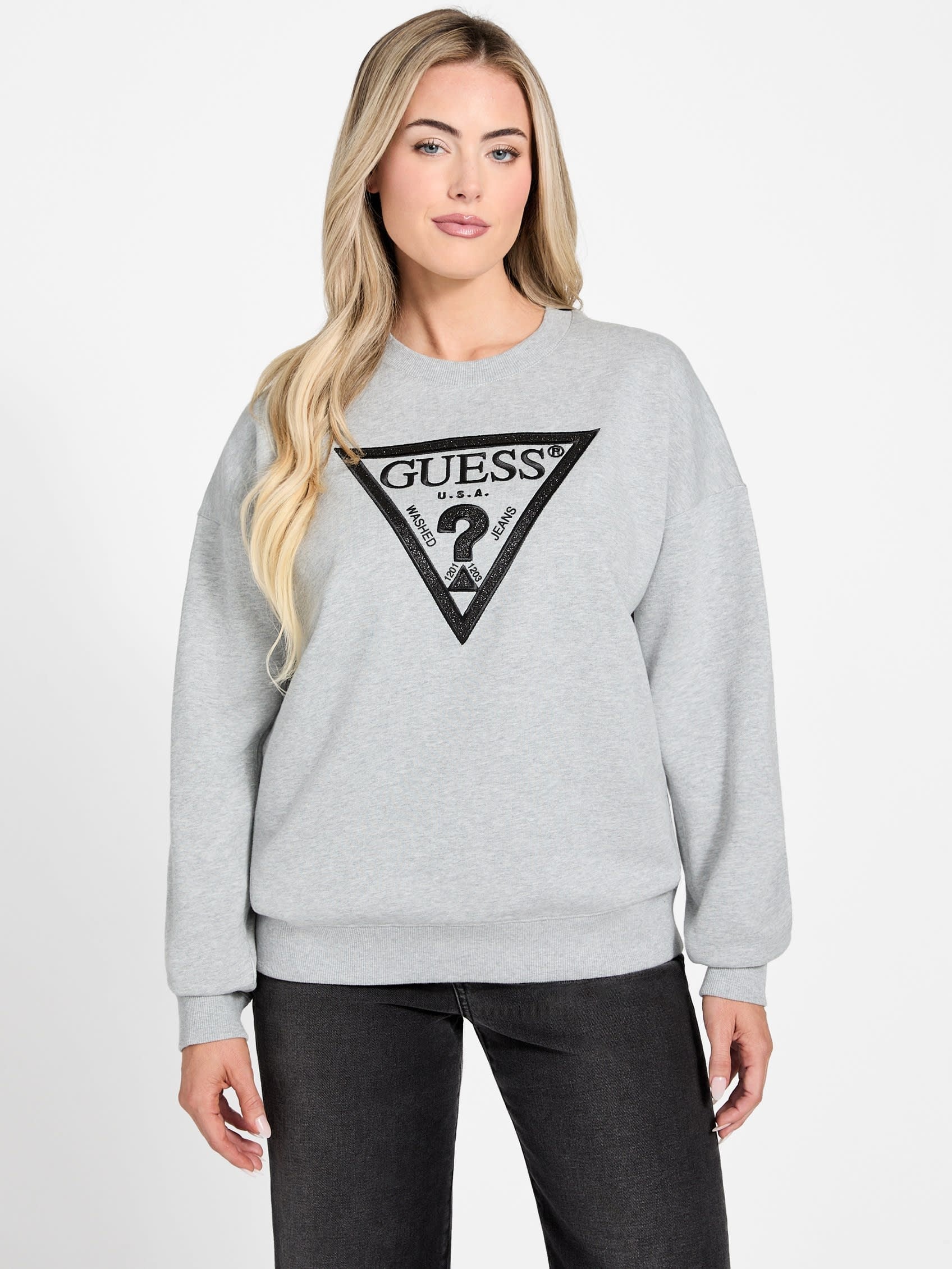 GUESS スウェット (W)Triangle Glitter Sweatshirt ゲス トップス スウェット・トレーナー グレー ブラック
