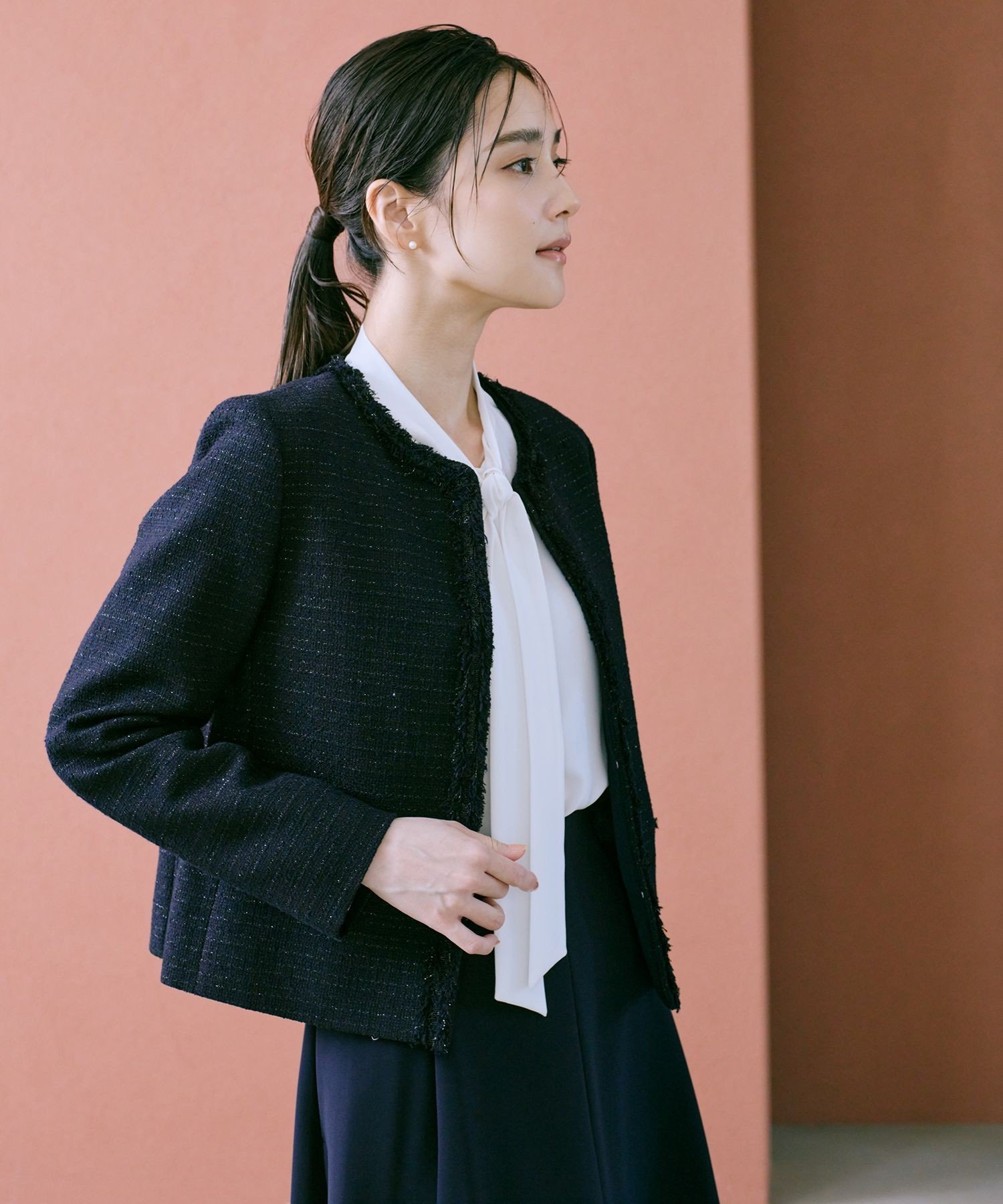 ROPE' ミックスツイードノーカラージャケット/セットアップ対応・25AW ロペ ジャケット・アウター ノーカラージャケット ネイビー【送料無料】