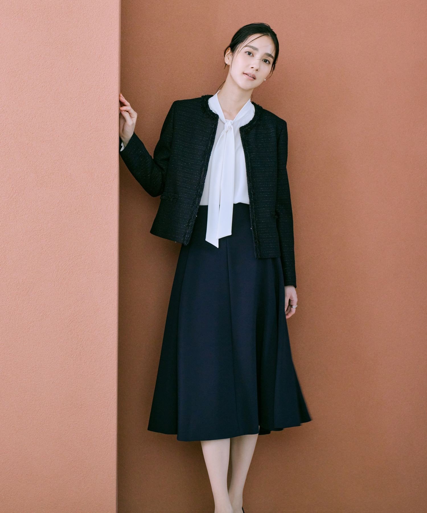 ROPE' ミックスツイードノーカラージャケット/セットアップ対応・25AW ロペ ジャケット・アウター ノーカラージャケット ネイビー【送料無料】