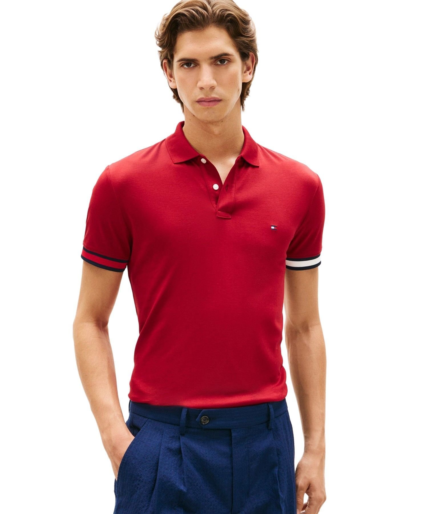TOMMY HILFIGER フラッグカフコットンスリムポロシャツ 26SS トミーヒルフィガー トップス ポロシャツ ネイビー ホワイト グリーン レッド【送料無料】
