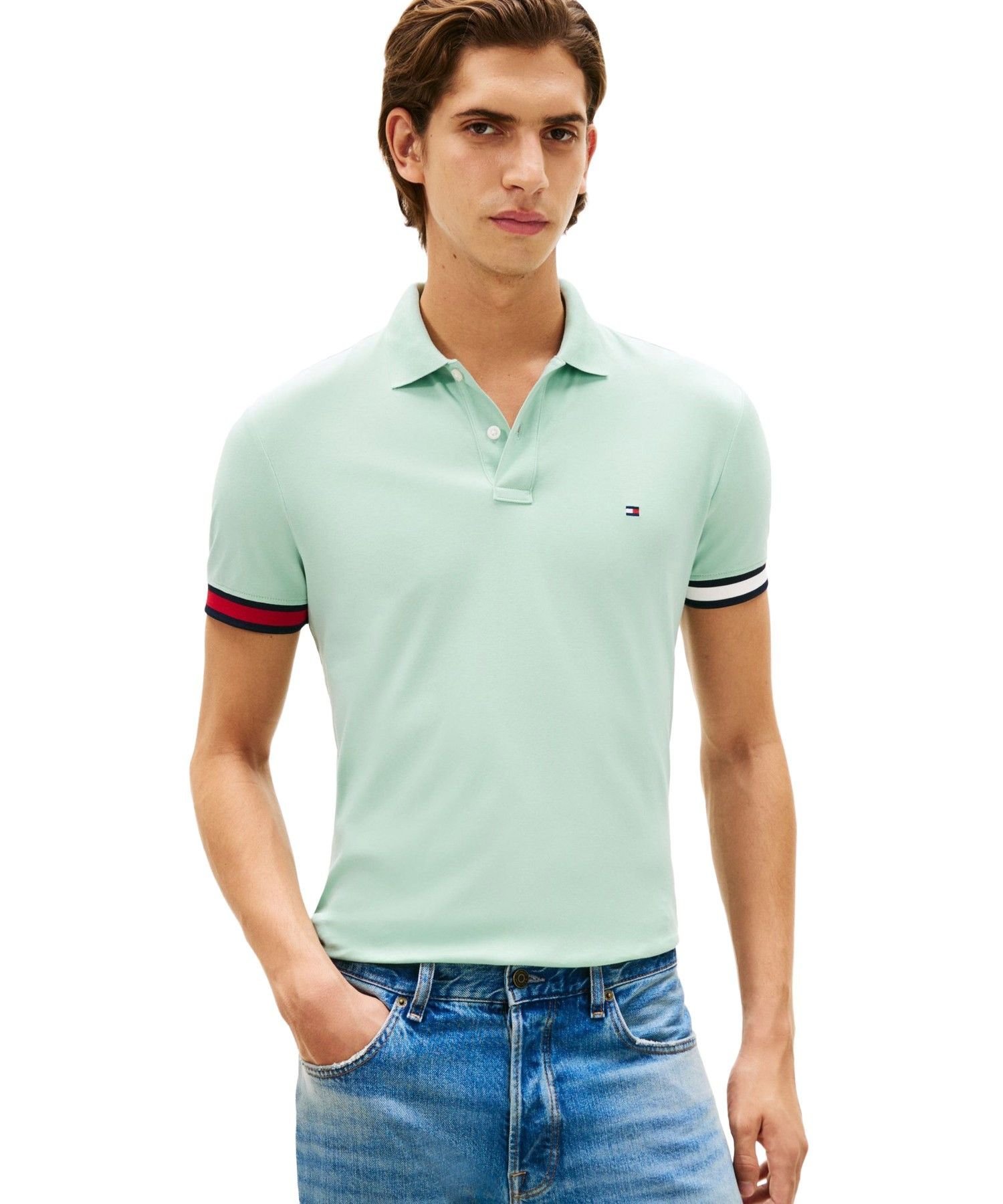TOMMY HILFIGER フラッグカフコットンスリムポロシャツ 26SS トミーヒルフィガー トップス ポロシャツ ネイビー ホワイト グリーン レッド【送料無料】