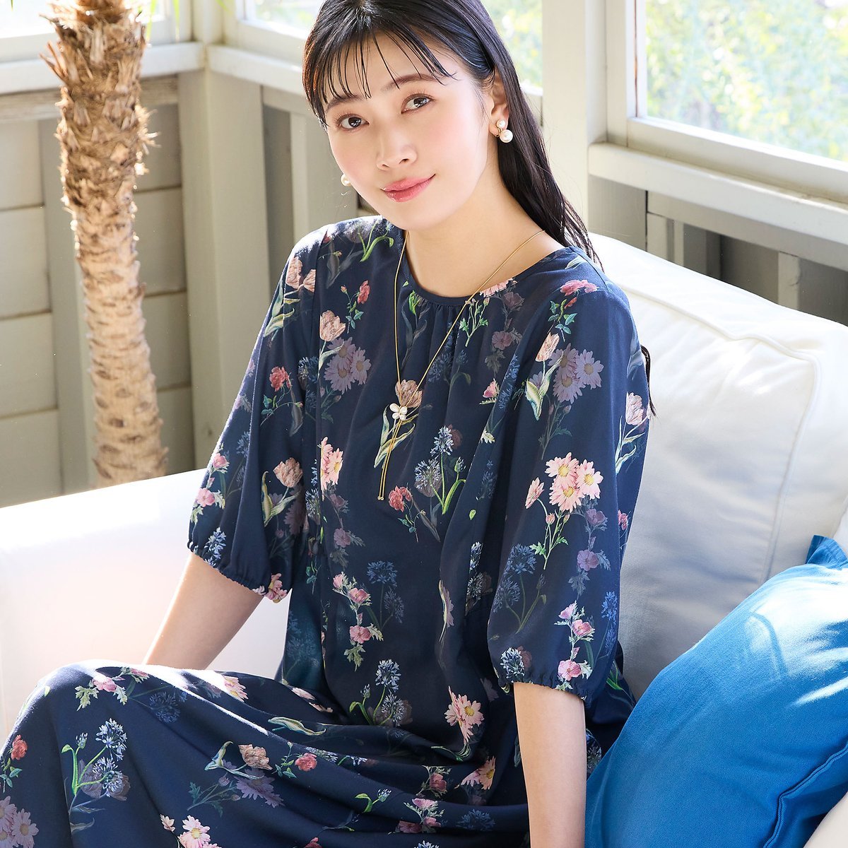missel 【洗える・WEB限定カラー・M~3Lサイズ】ボタニカルフラワーワンピース ミゼール ワンピース・ドレス ワンピース ネイビー ホワイト