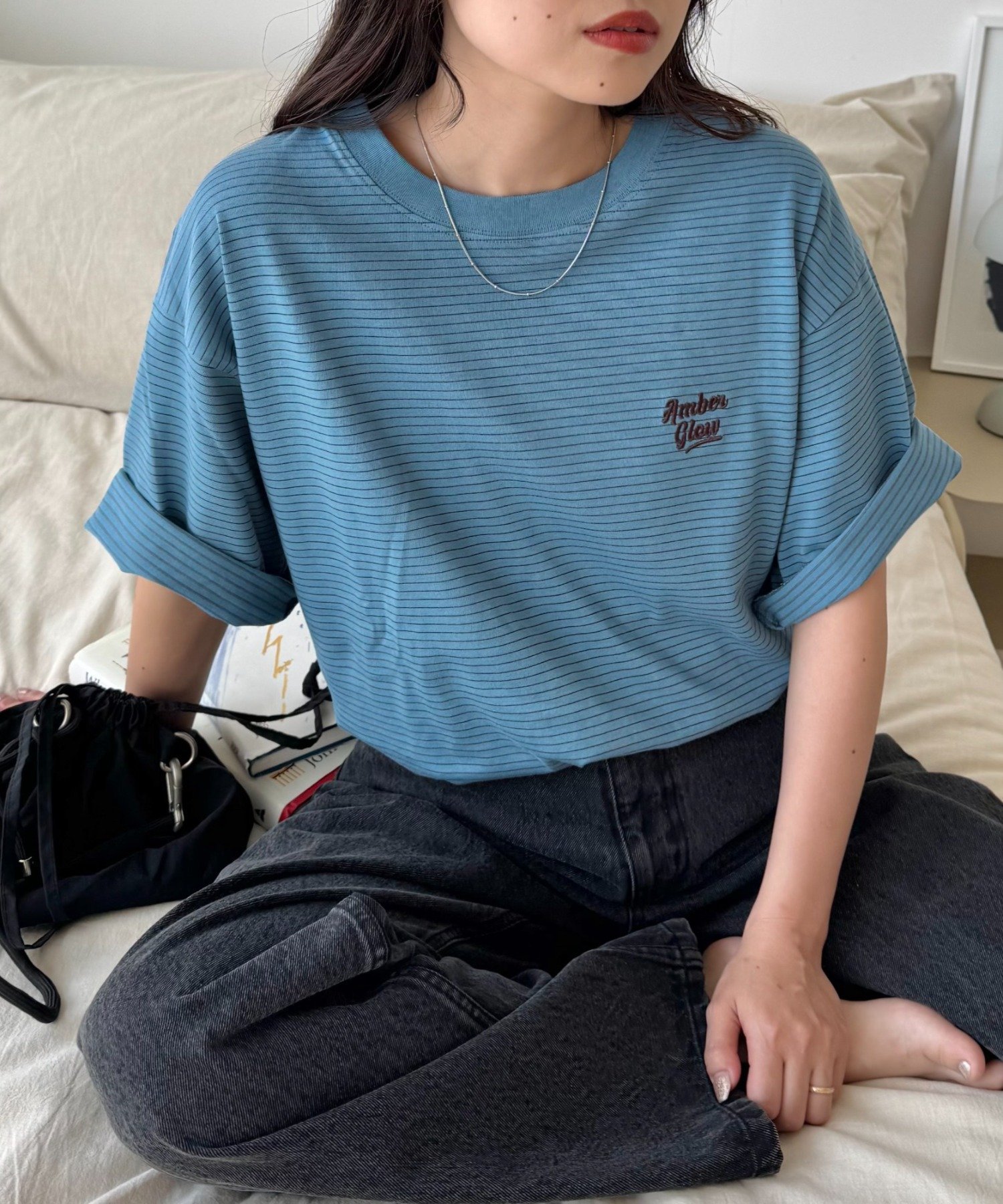 【UNISEX】ピンボーダーワンポイント刺繍ロゴTシャツ チャオパニックティピー トップス カットソー・Tシャツ ブラウン グレー ブルー