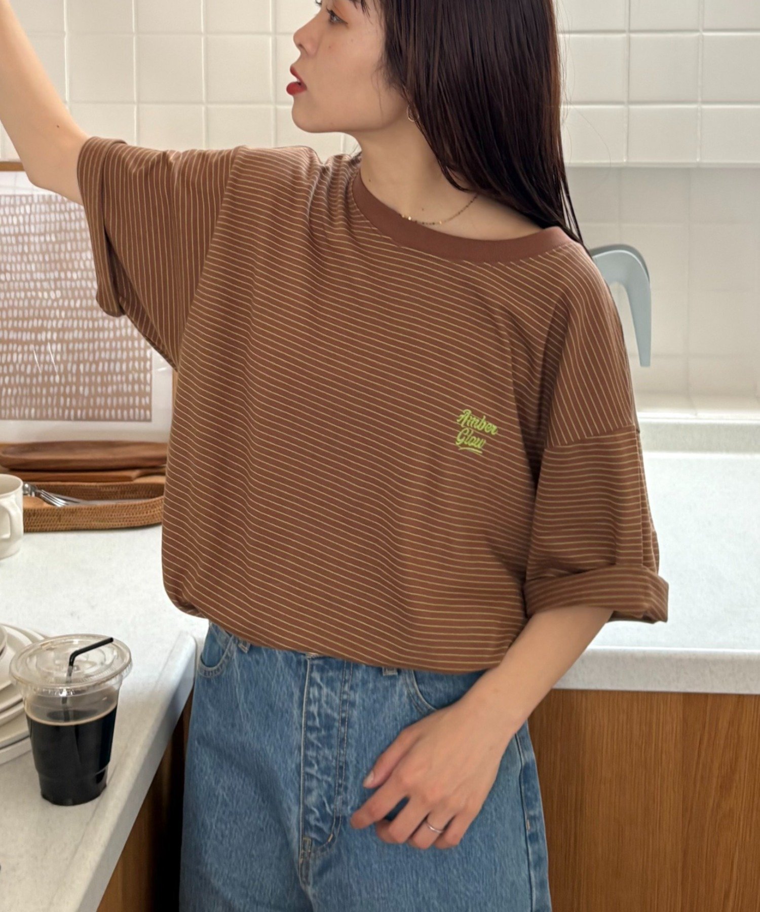 【UNISEX】ピンボーダーワンポイント刺繍ロゴTシャツ チャオパニックティピー トップス カットソー・Tシャツ ブラウン グレー ブルー