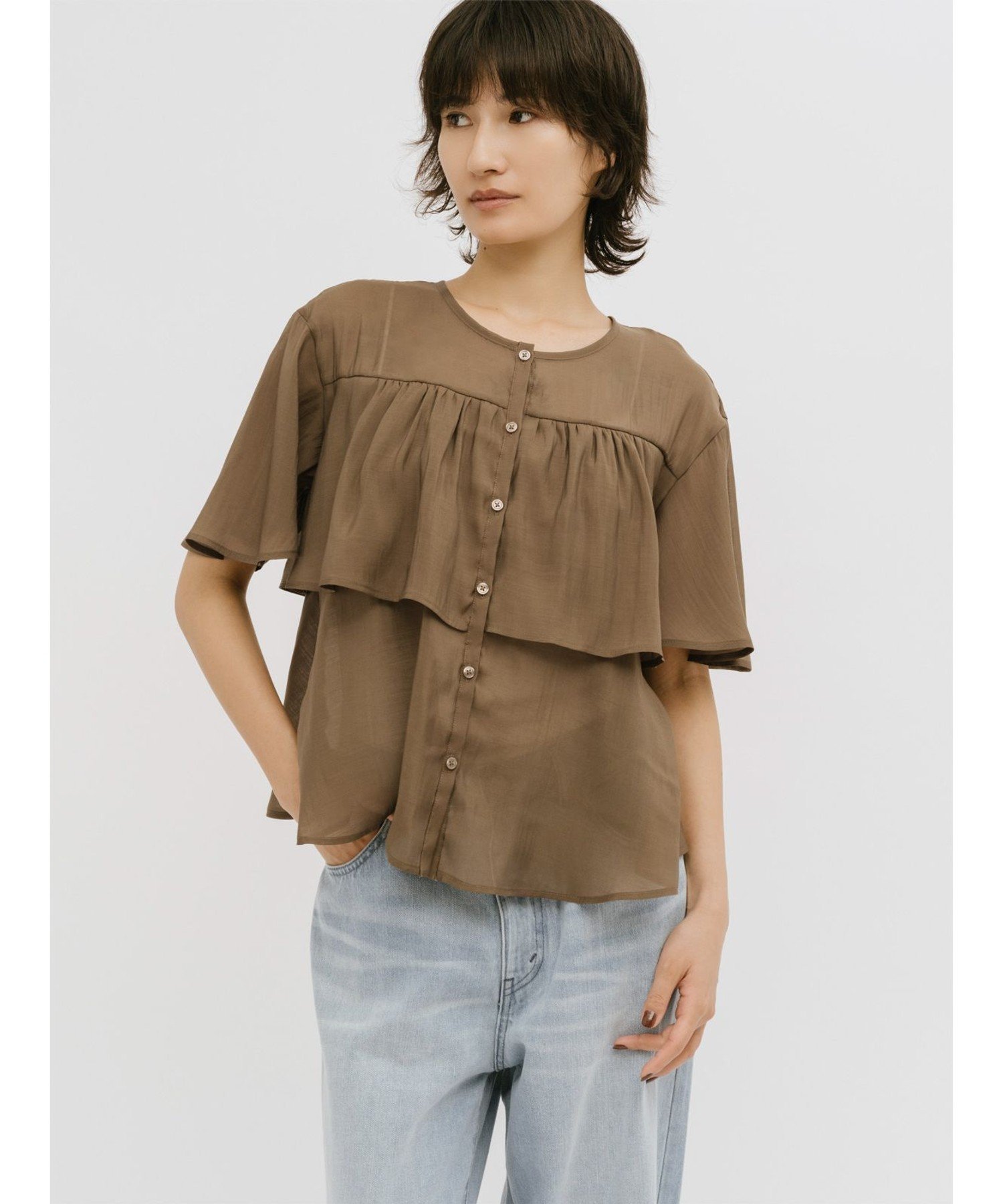 MIDIUMISOLID MIDIUMISOLID for Ladies シアーティアードブラウス マーコート トップス シャツ・ブラウス ブラウン ホワイト ブラック