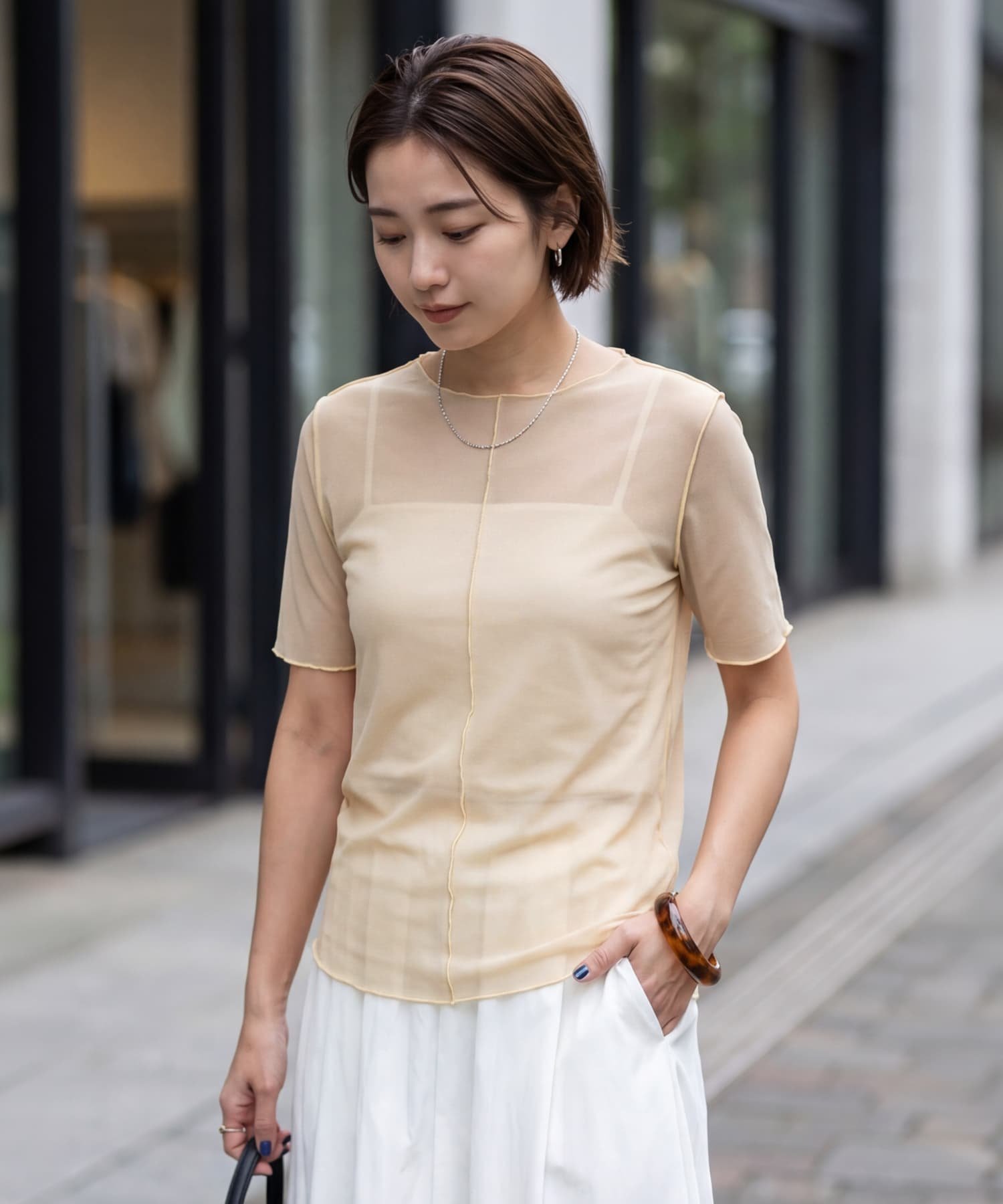 STYLE DELI トリミング半袖シアートップス スタイルデリ トップス カットソー・Tシャツ ブルー イエロー ホワイト