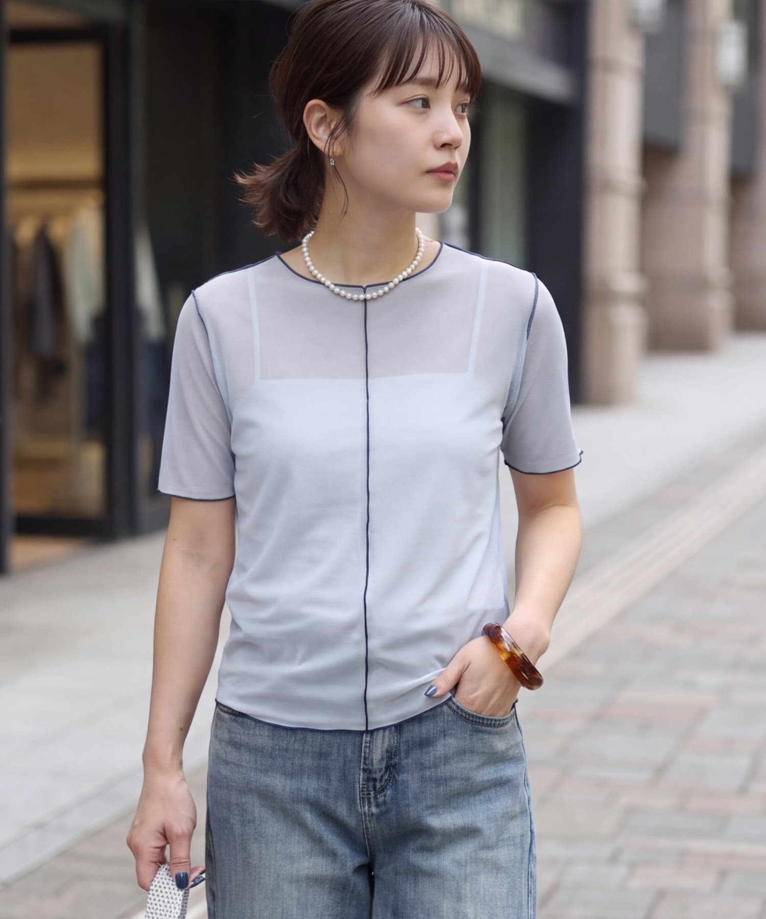 STYLE DELI トリミング半袖シアートップス スタイルデリ トップス カットソー・Tシャツ ブルー イエロー ホワイト