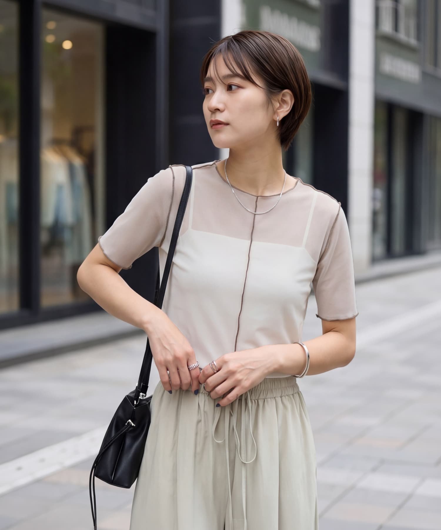 STYLE DELI トリミング半袖シアートップス スタイルデリ トップス カットソー・Tシャツ ブルー イエロー ホワイト