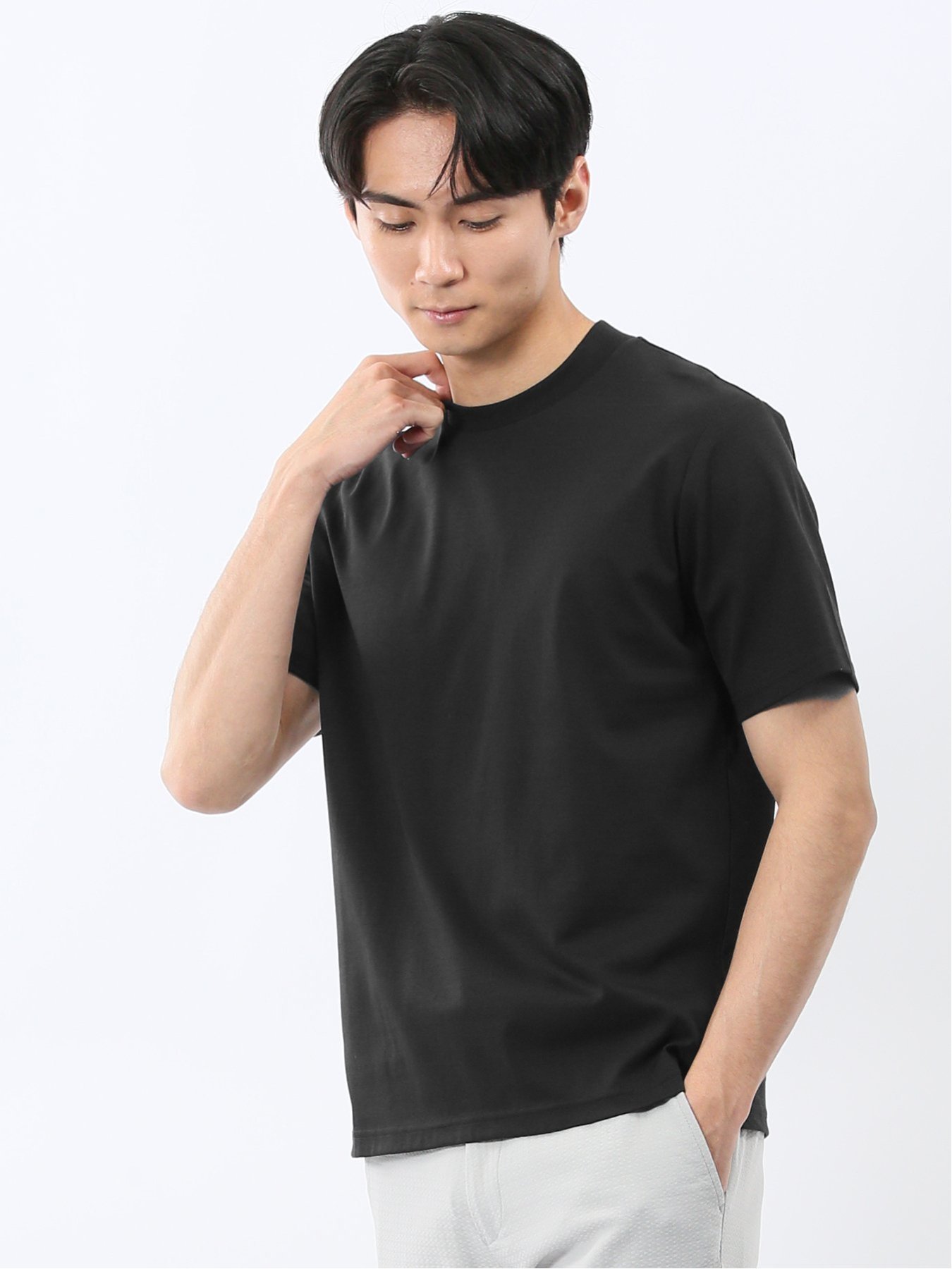 Tシャツ メンズ 半袖 ストレッチ 接触冷感 抗菌防臭 UV 綿 コットン 無地 シルケット スムス スロープネック ドレスT タカキュー トップス カットソー・Tシャツ ホワイト グレー ネイビー