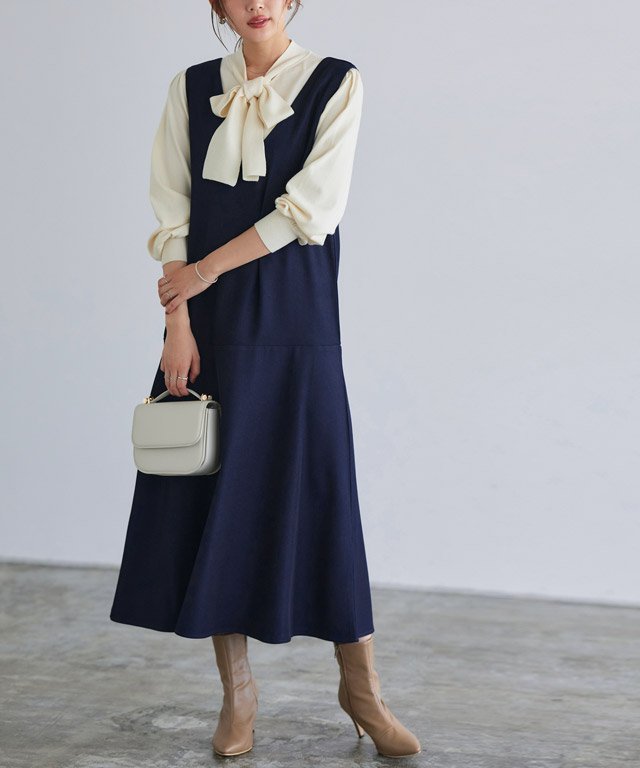 Pierrot Vネックフレアジャンパースカート ピエロ ワンピース・ドレス ジャンパースカート ブラック グレー ネイビー【送料無料】