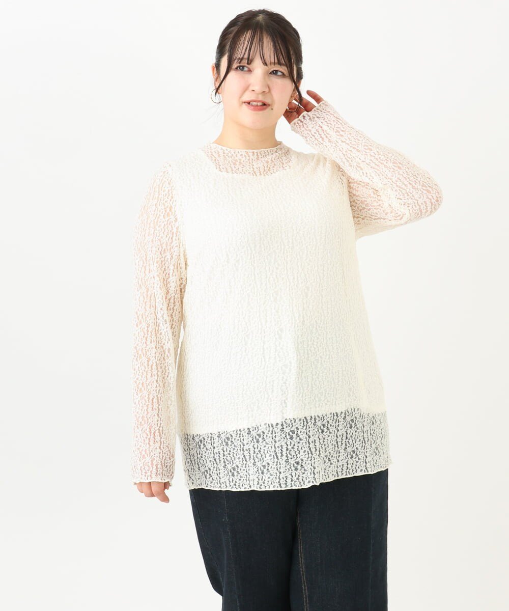 【大きいサイズ】ストレッチレーストップス エウルキューブ トップス カットソー・Tシャツ ホワイト ブラック