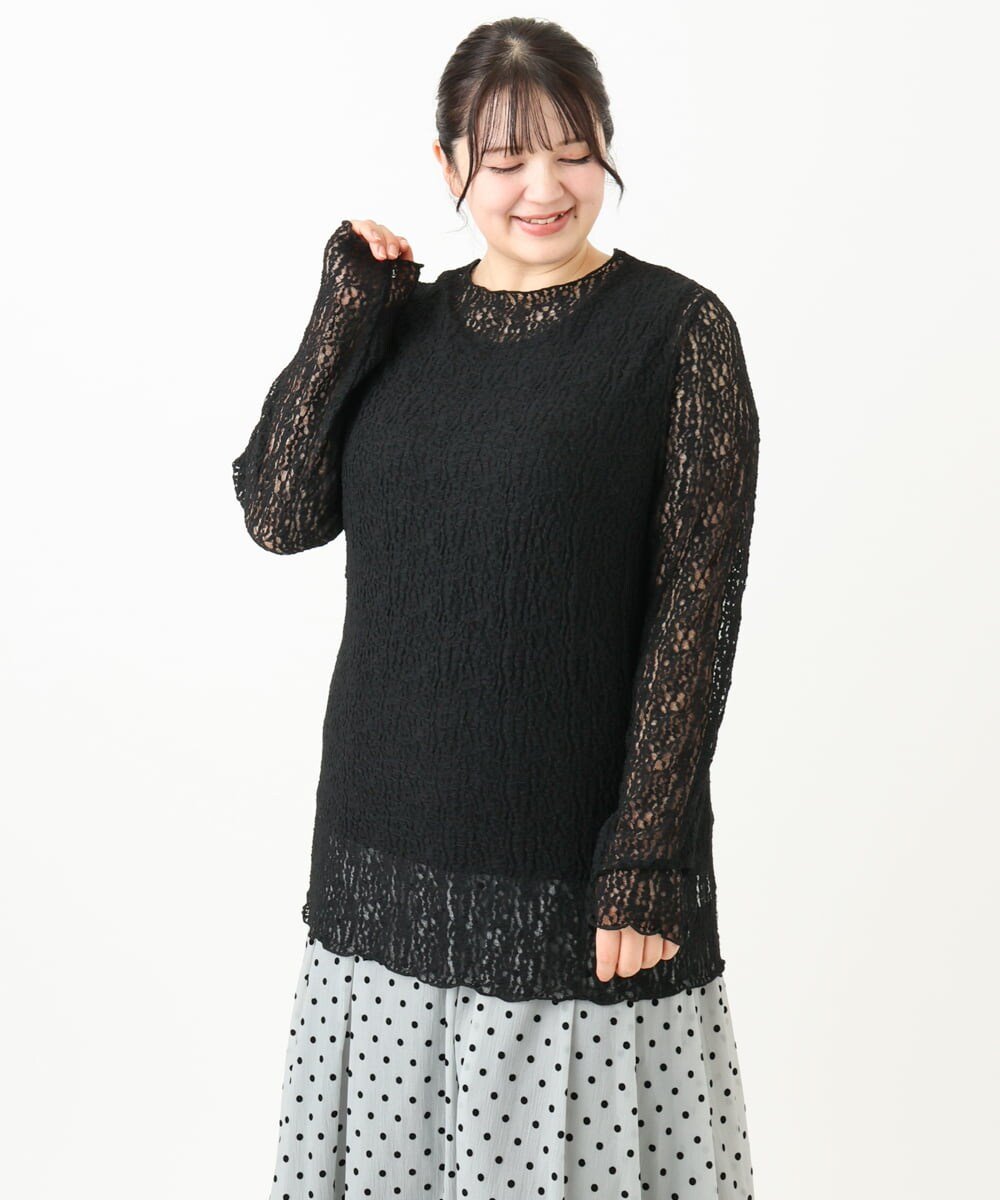 【大きいサイズ】ストレッチレーストップス エウルキューブ トップス カットソー・Tシャツ ホワイト ブラック