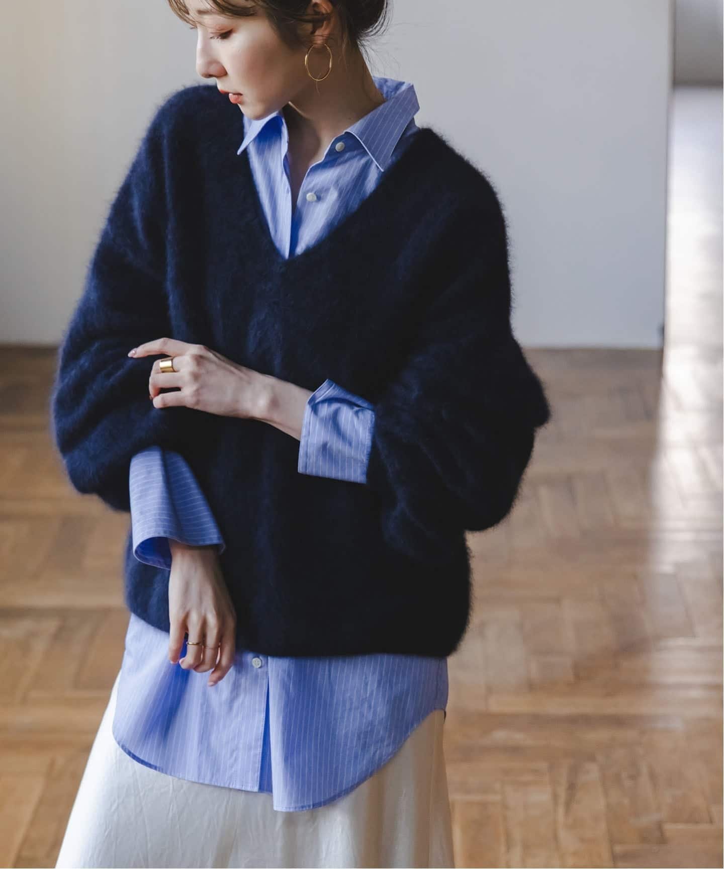 NOBLE アンチクリースロングカフスシャツ ノーブル トップス シャツ・ブラウス ブルー ホワイト【送料..