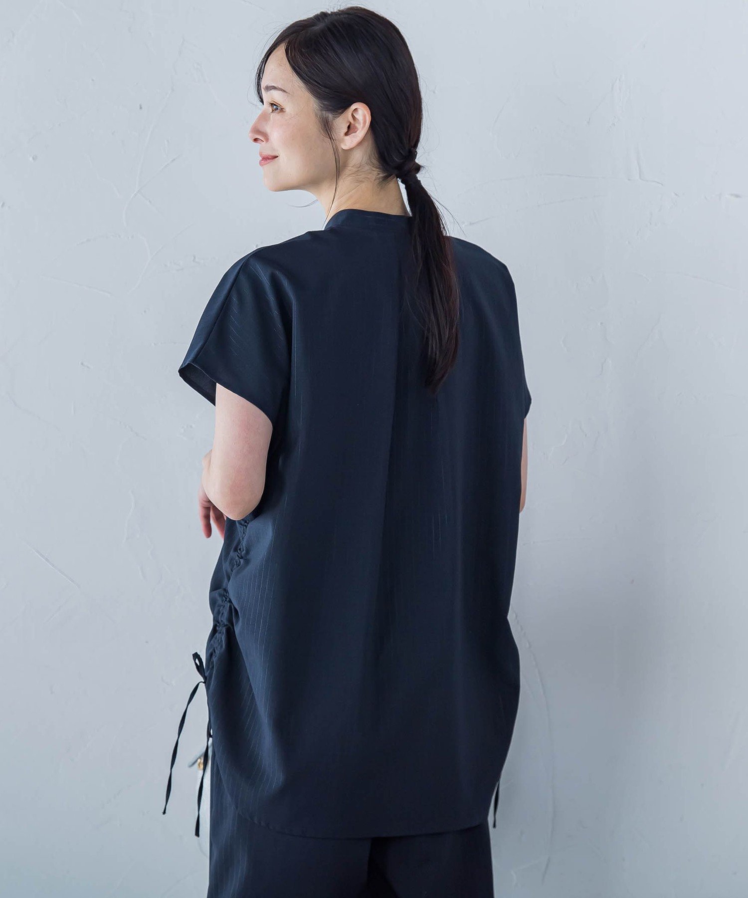 LAUTREAMONT 【WEB限定】フィルムストライプギャザーブラウス ≪手洗い可能≫ ロートレアモン トップス シャツ・ブラウス グレー ネイビー