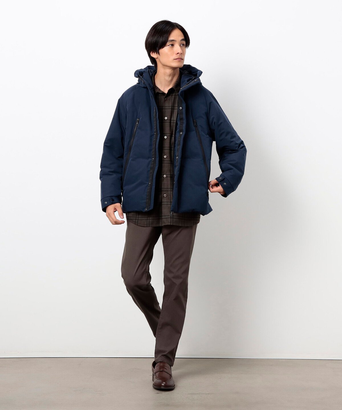 トリコットコーデュロイ チェックプリント ショートポイントカラーシャツ コムサイズム トップス シャツ・ブラウス ネイビー ブラウン