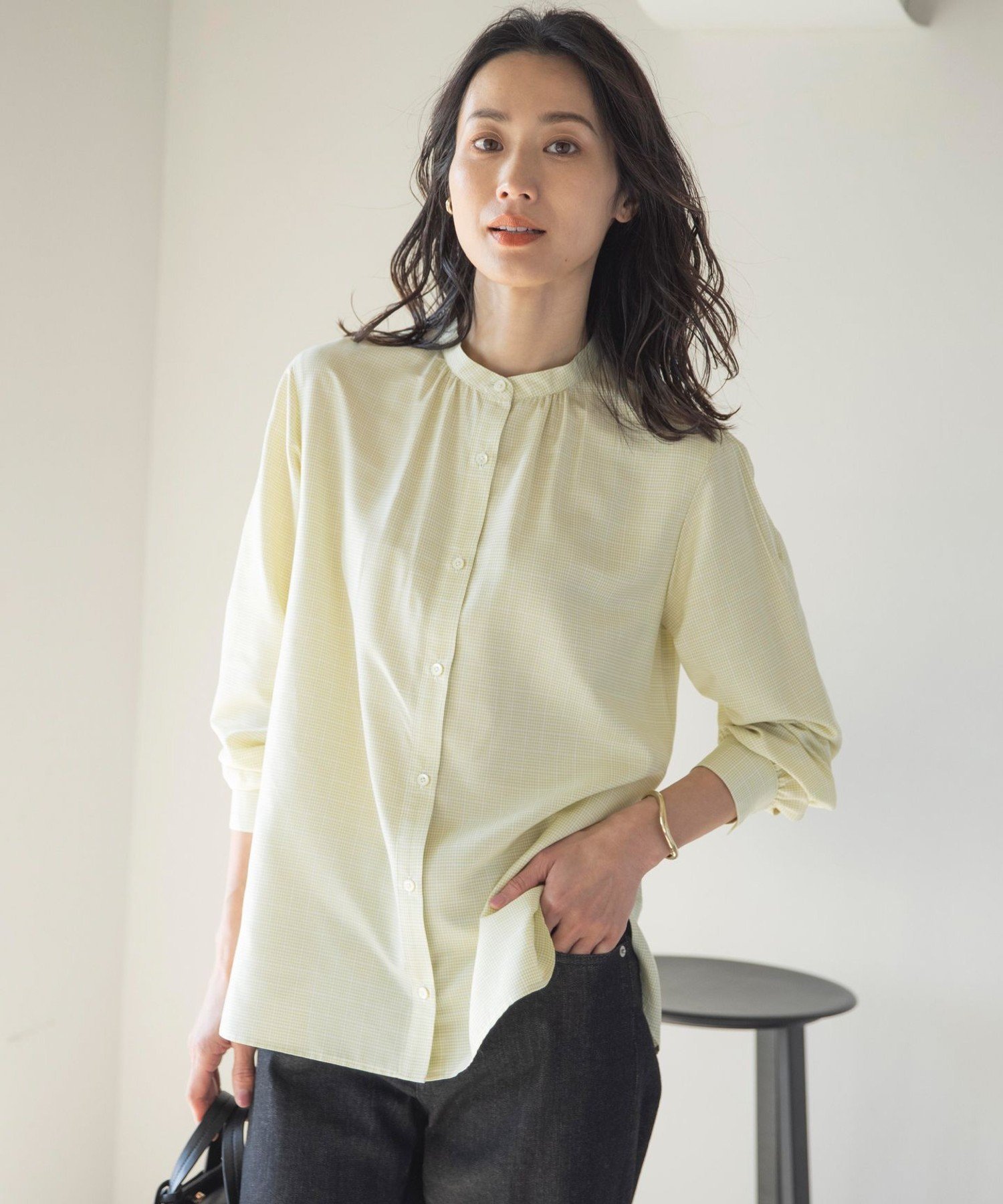 【SALE/40%OFF】J.PRESS 【洗える】セルロース チェック バンドカラー ブラウス ジェイプレス トップス シャツ・ブラウス ネイビー【送料無料】