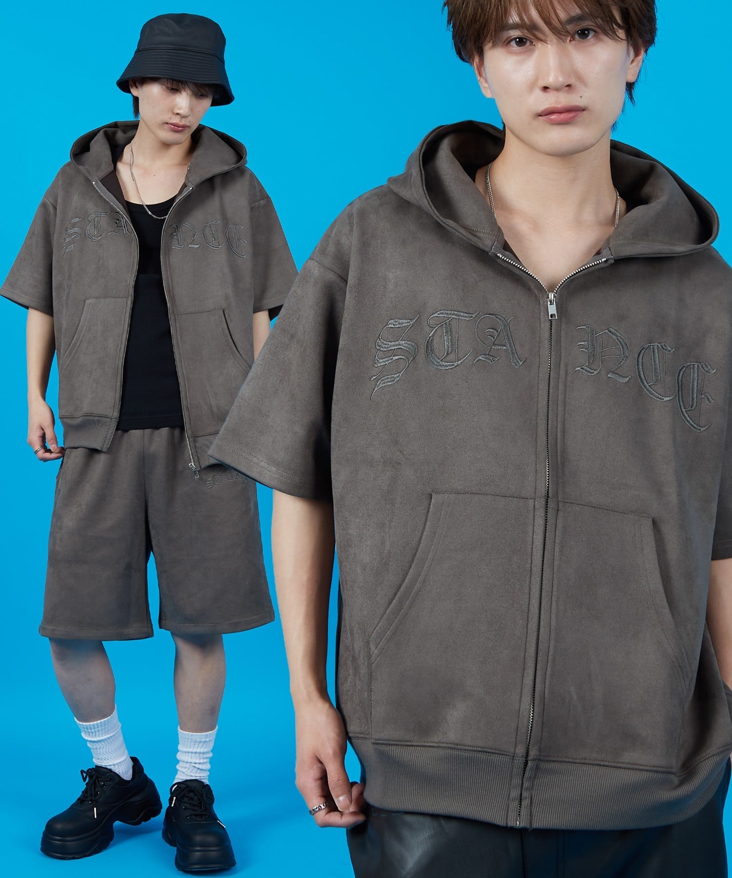 【SALE／50%OFF】SIDEWAY STANCE SIDEWAY STANCE サイドウェイスタンス スエードポンチ 半袖ジップパーカー インプローブス トップス パーカー・フーディー ピンク グレー ベージュ