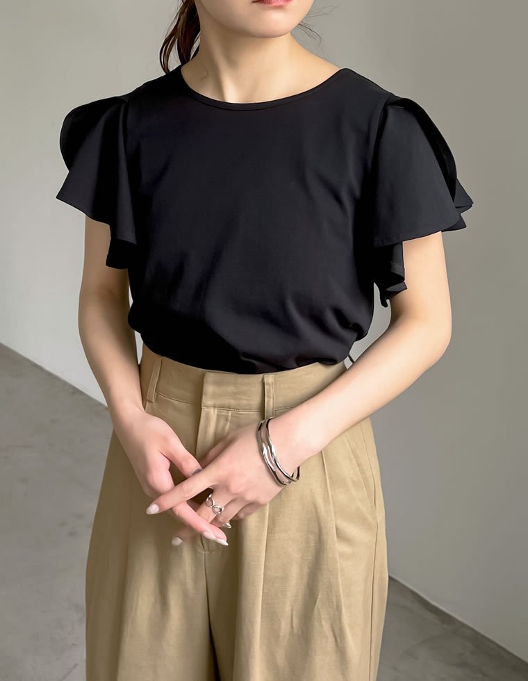 Re:EDIT フリルスリーブ半袖Tシャツ リエディ トップス カットソー・Tシャツ ブラック ホワイト stylife-15053350 Rakuten Fashion サンプル画像3