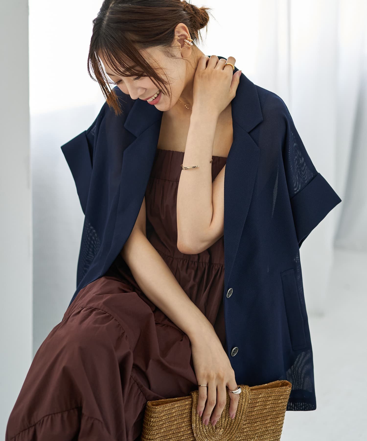 STYLE DELI メッシュ生地の袖口折り返しジャケット スタイルデリ ジャケット・アウター テーラードジャケット・ブレザー ネイビー グレー【送料無料】のサムネイル