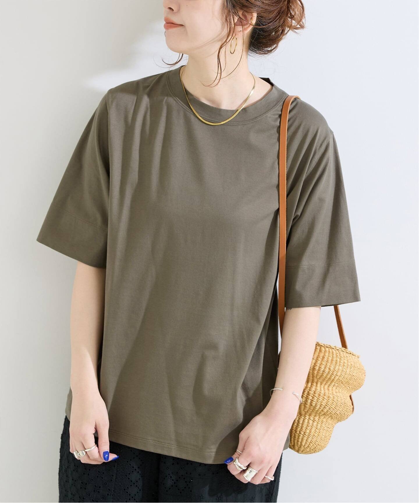 【WEB+一部店舗限定】ウォッシャブル / 接触冷感 / コンパクト天竺Tシャツ ベーセーストック トップス カットソー・Tシャツ カーキグリーン ホワイト ブラック ブルー