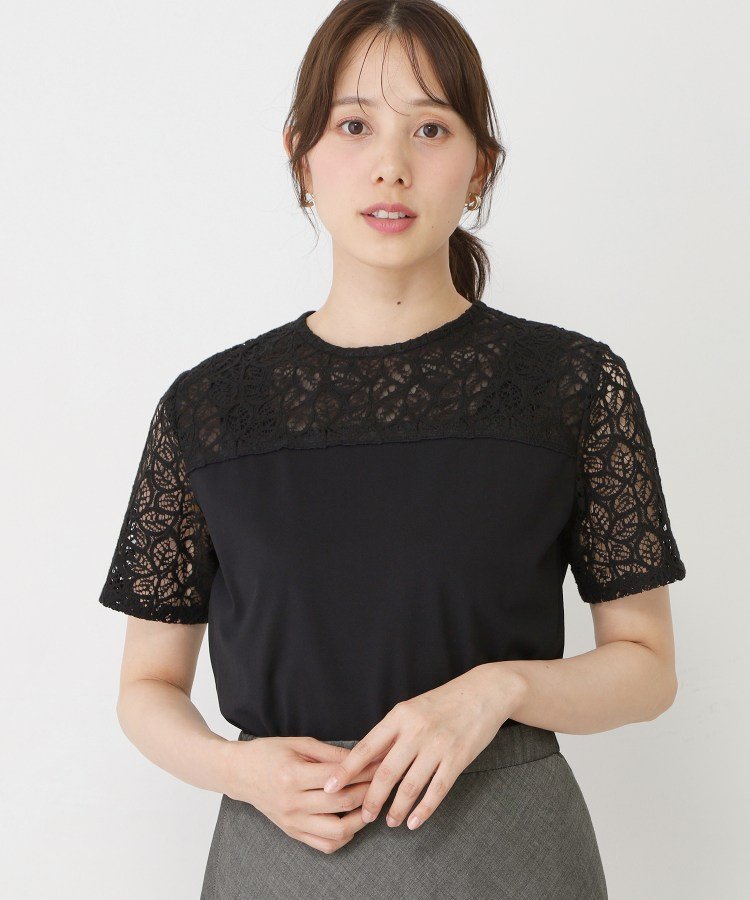 【手洗い可/日本製】ラッセルレースプルオーバー クード シャンス トップス カットソー・Tシャツ ブラック ホワイト