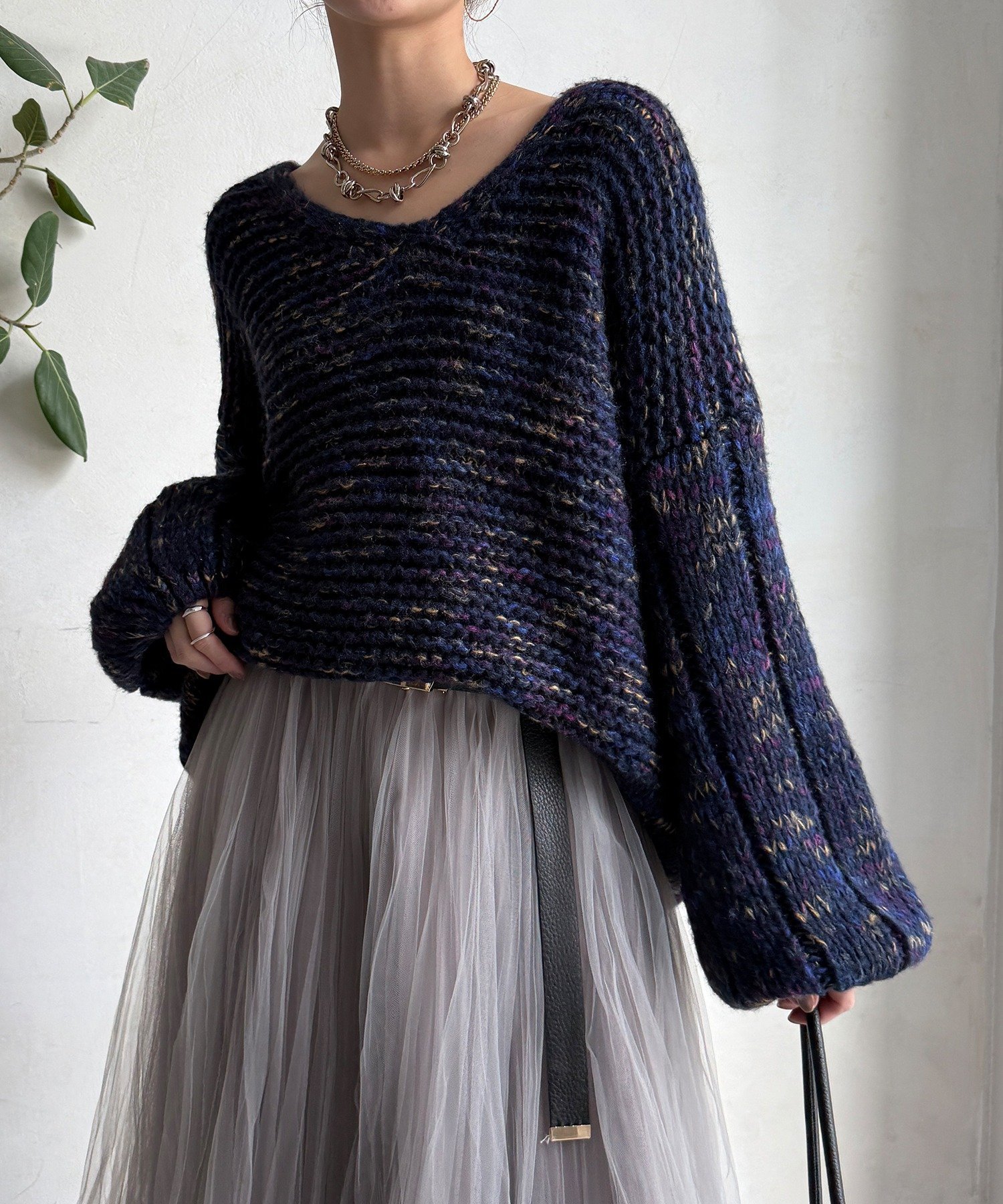 DouDou MIXヤーンVネックプルオーバー ドゥドゥ トップス ニット ベージュ レッド ネイビー【送料無料】