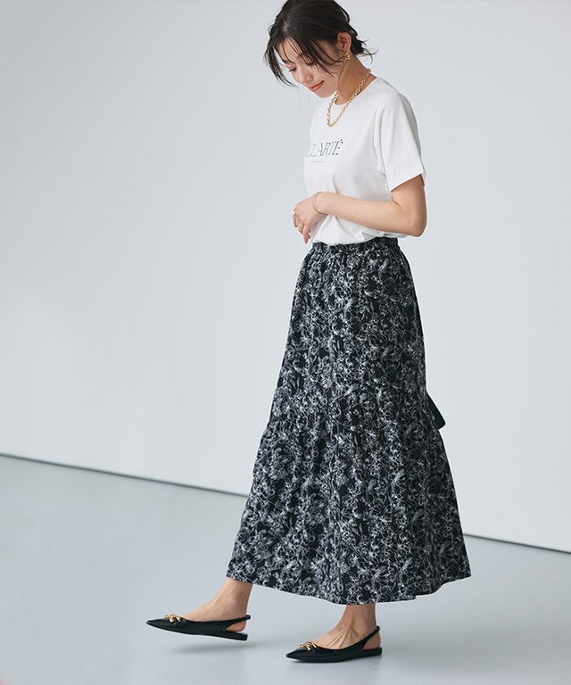 【SALE／30%OFF】Pierrot ギャザー切替プリントスカート ピエロ スカート ロング・マキシスカート ホワイト ブラック 3