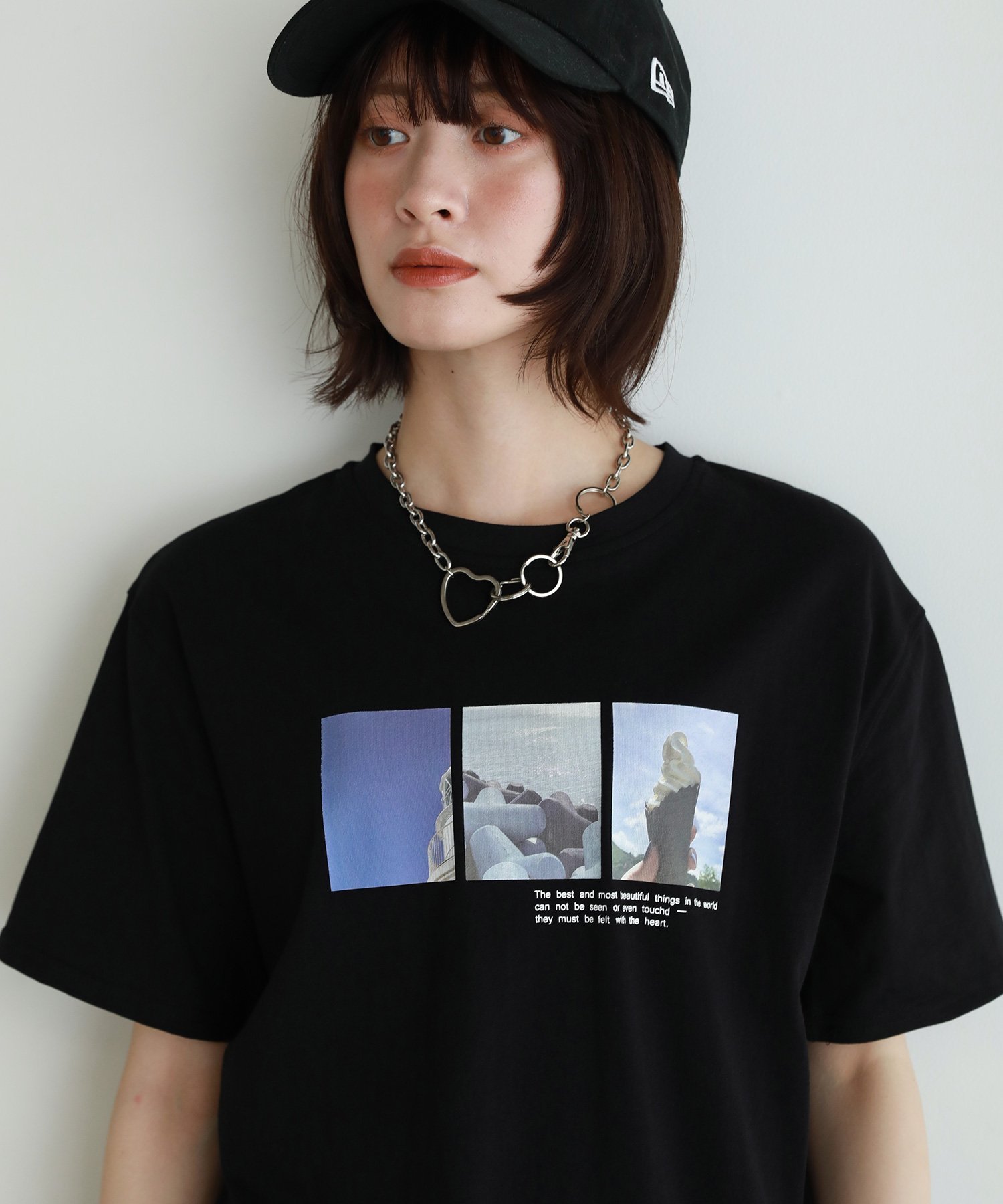 shetila Ice cream photoプリント コットン100％Tシャツ カジュアル トップス カットソー・Tシャツ ブラック ホワイト